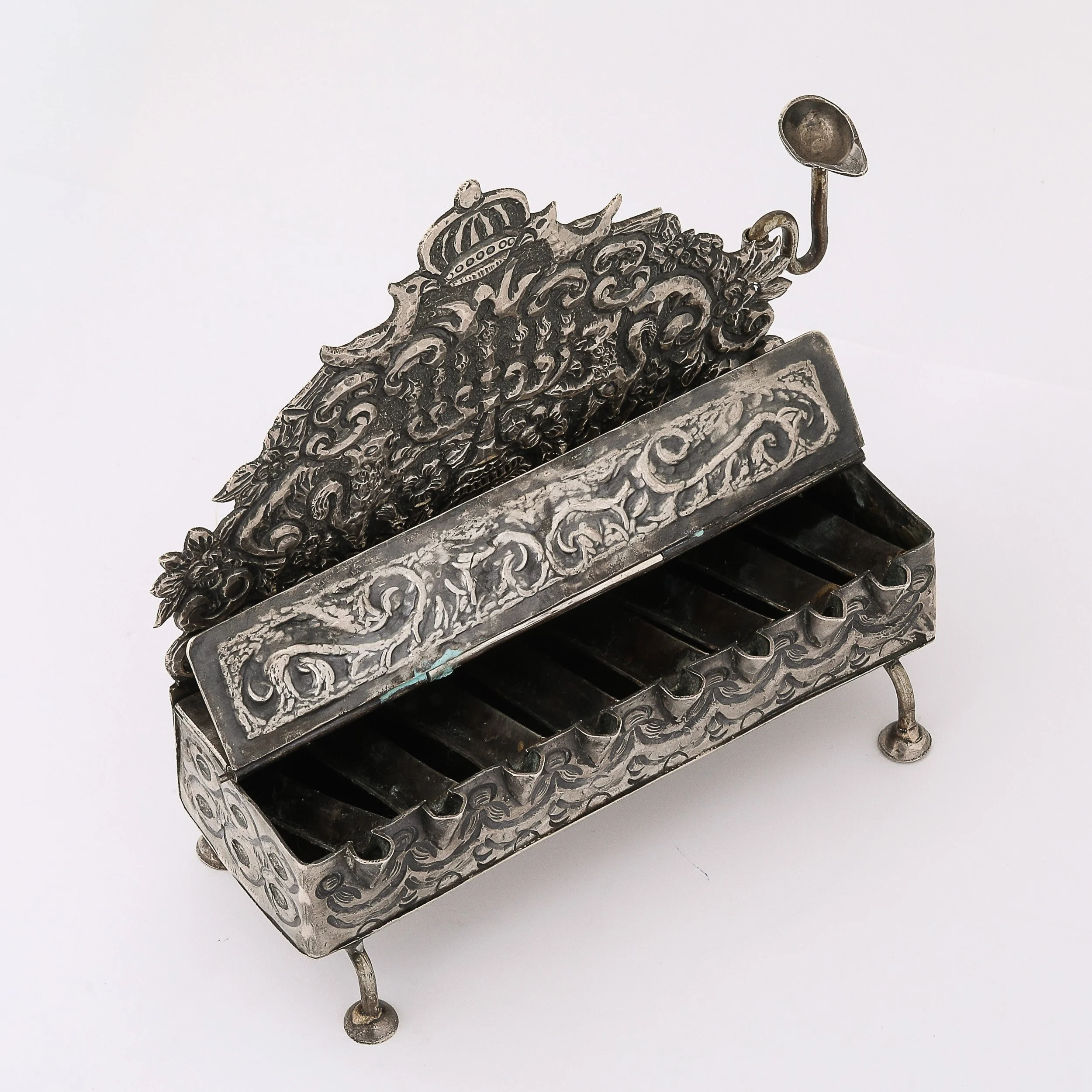 Baroque 19th Century Hand-Worked Sterling Oil Lamp Footed Menorah - High Style Deco 14.jpg