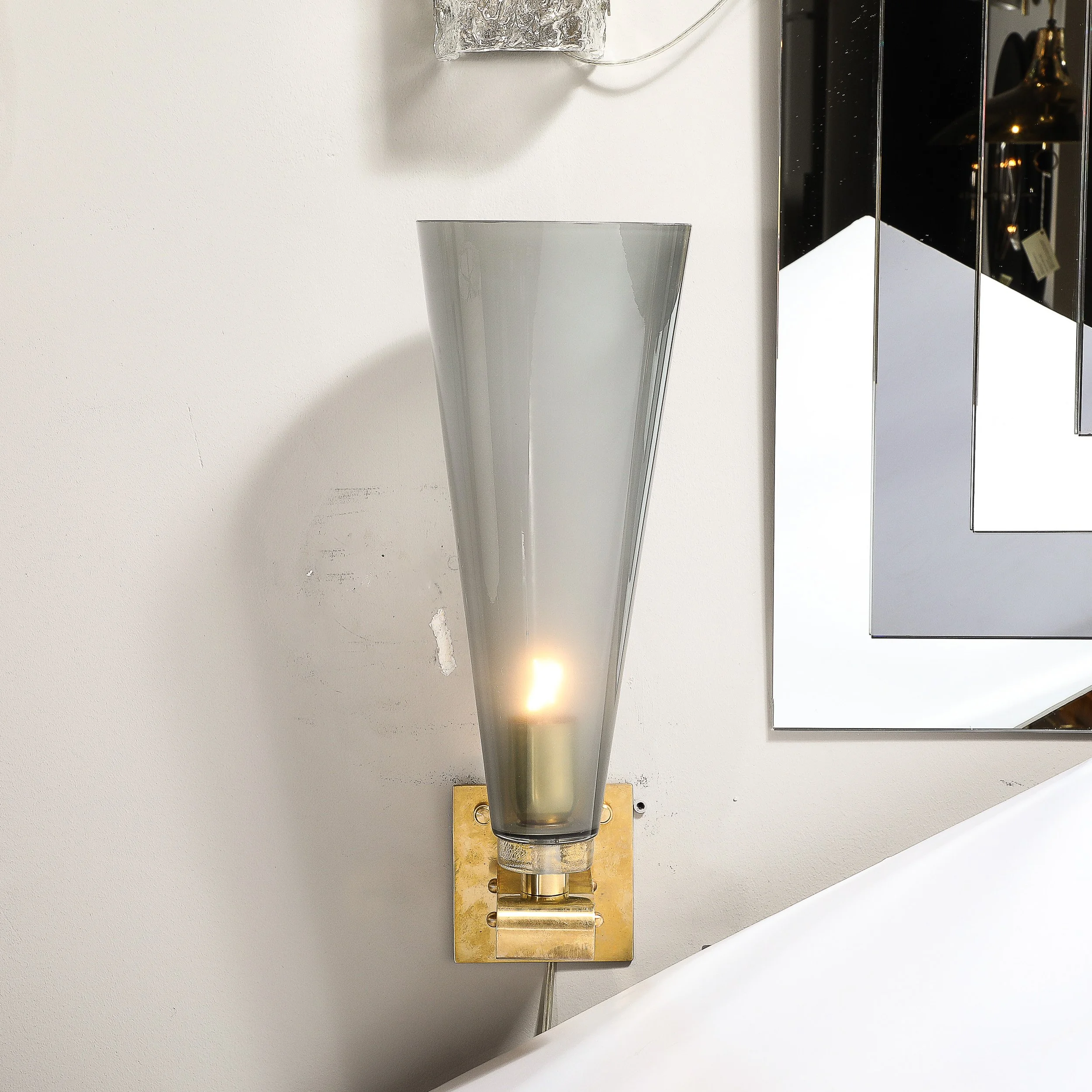 Modernist Conical Smoked Graphite Hand-Blown Murano Glass & Brass Sconces - High Style Deco 2.jpg