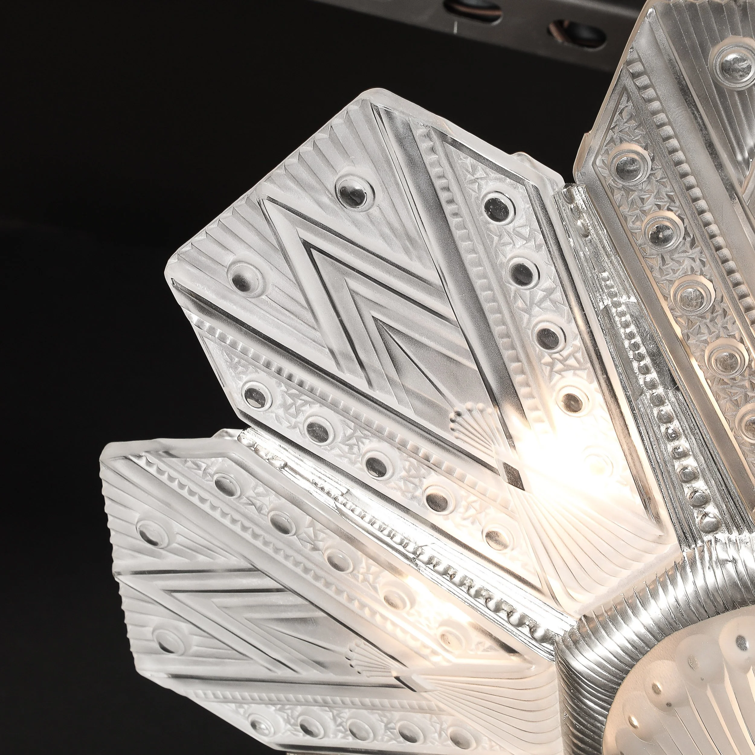 Art Deco Frosted Glass Cubist Geometric Detail & Fluted Chandelier Signed Leleu - High Style Deco 27.jpg