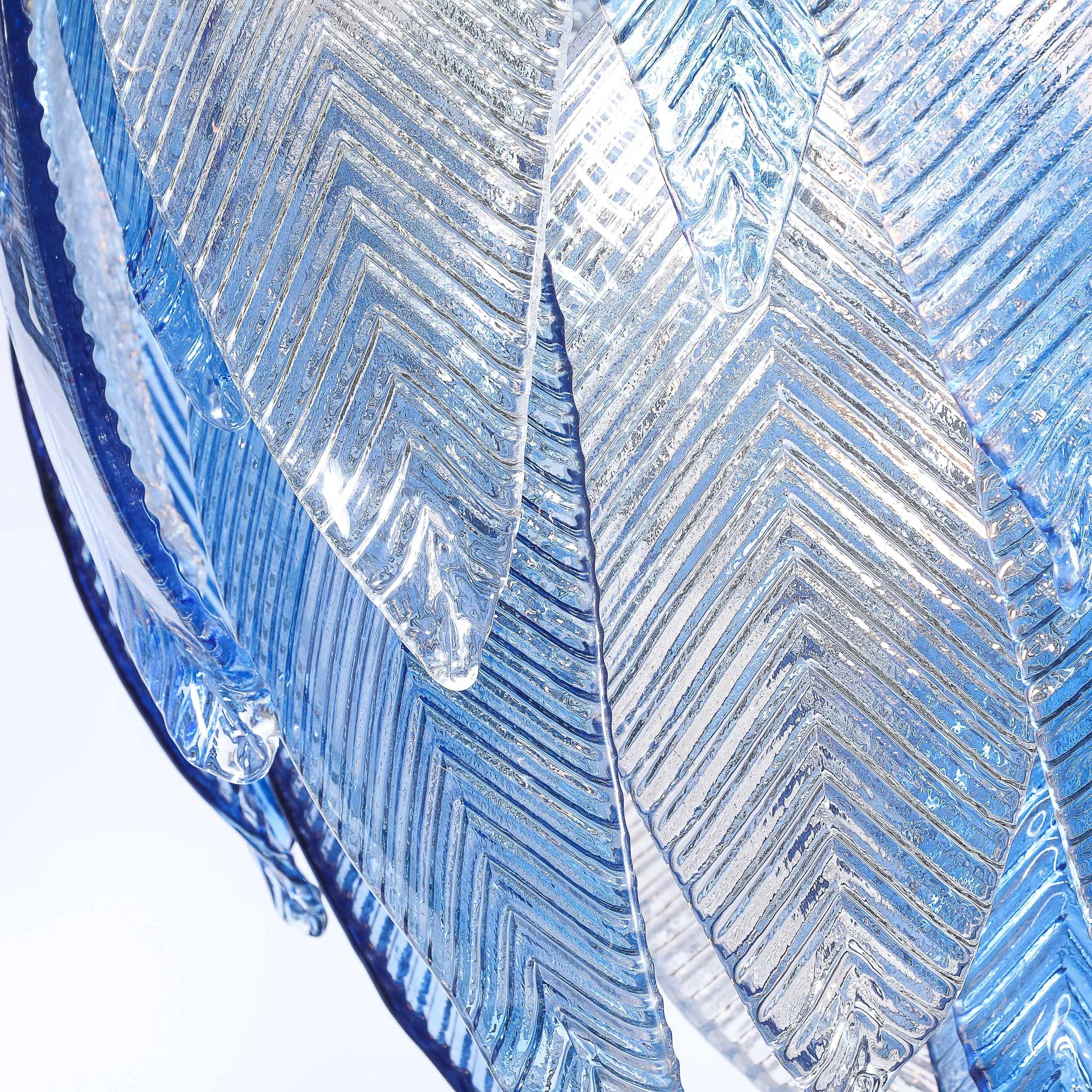 Modernist Hand-Blown Reeded Blue & Clear Murano Glass Leaf Chandelier w: Chrome - High Style Deco 7.jpg