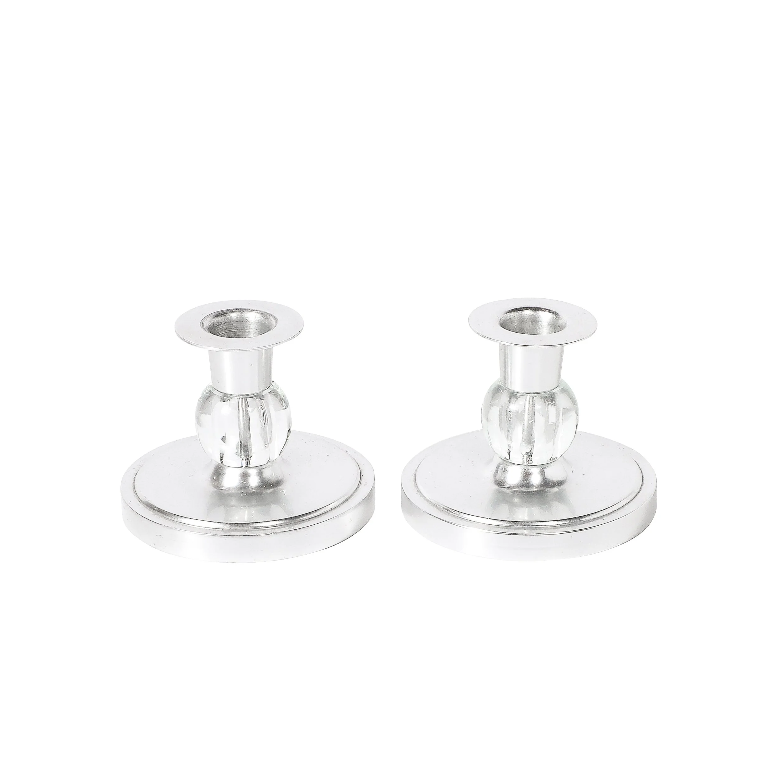 Pair of Art Deco Candle Holders in Brushed Aluminum & Glass signed Kensington - High Style Deco.jpg