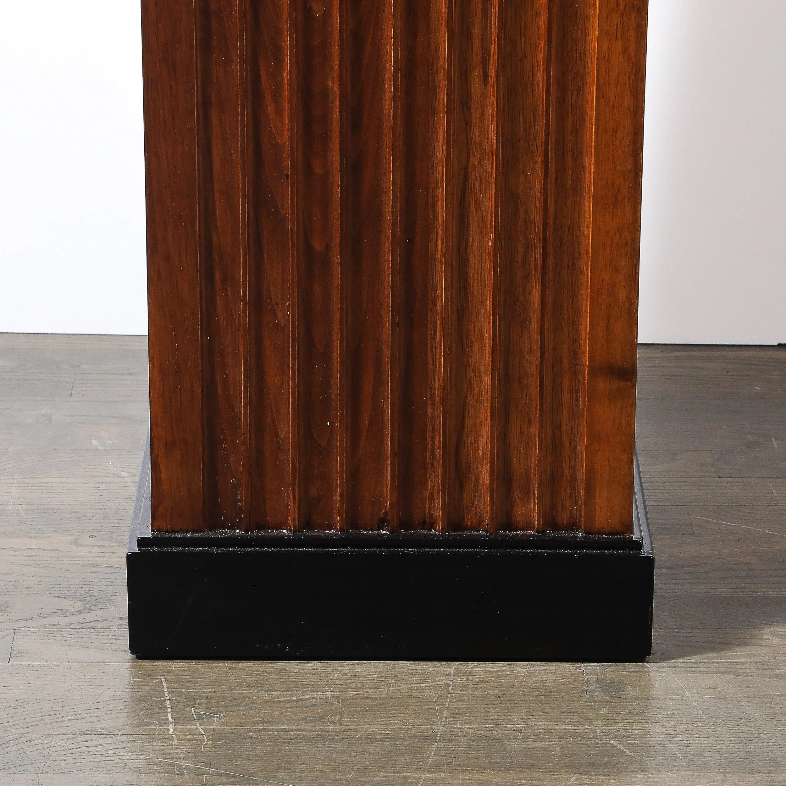 Pair of Art Deco Pedestals in Fluted Walnut & Black Lacquer Bases w: Glass Tops - High Style Deco 3.jpg