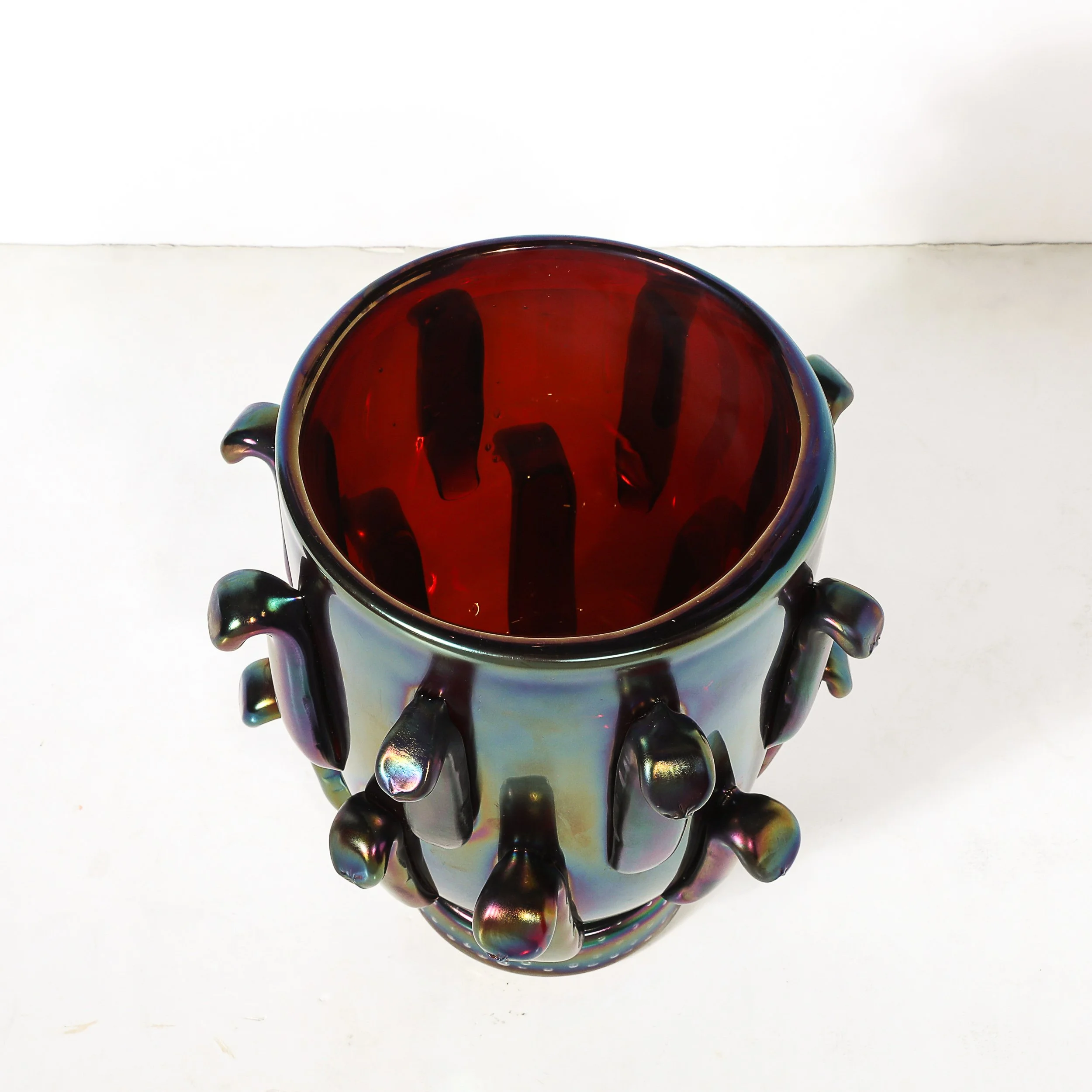 Mid-Century Hand-Blown Murano Iridescent & Ruby Glass Vases w: Petal Detailing - High Style Deco 22.jpg