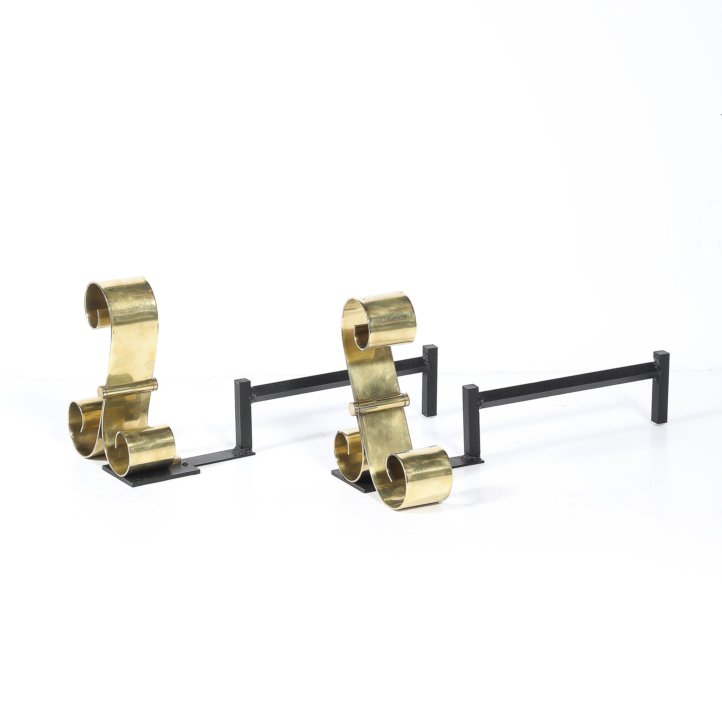 Mid-Century Modernist Scroll Form Andirons in Polished Brass - High Style Deco 5.jpg