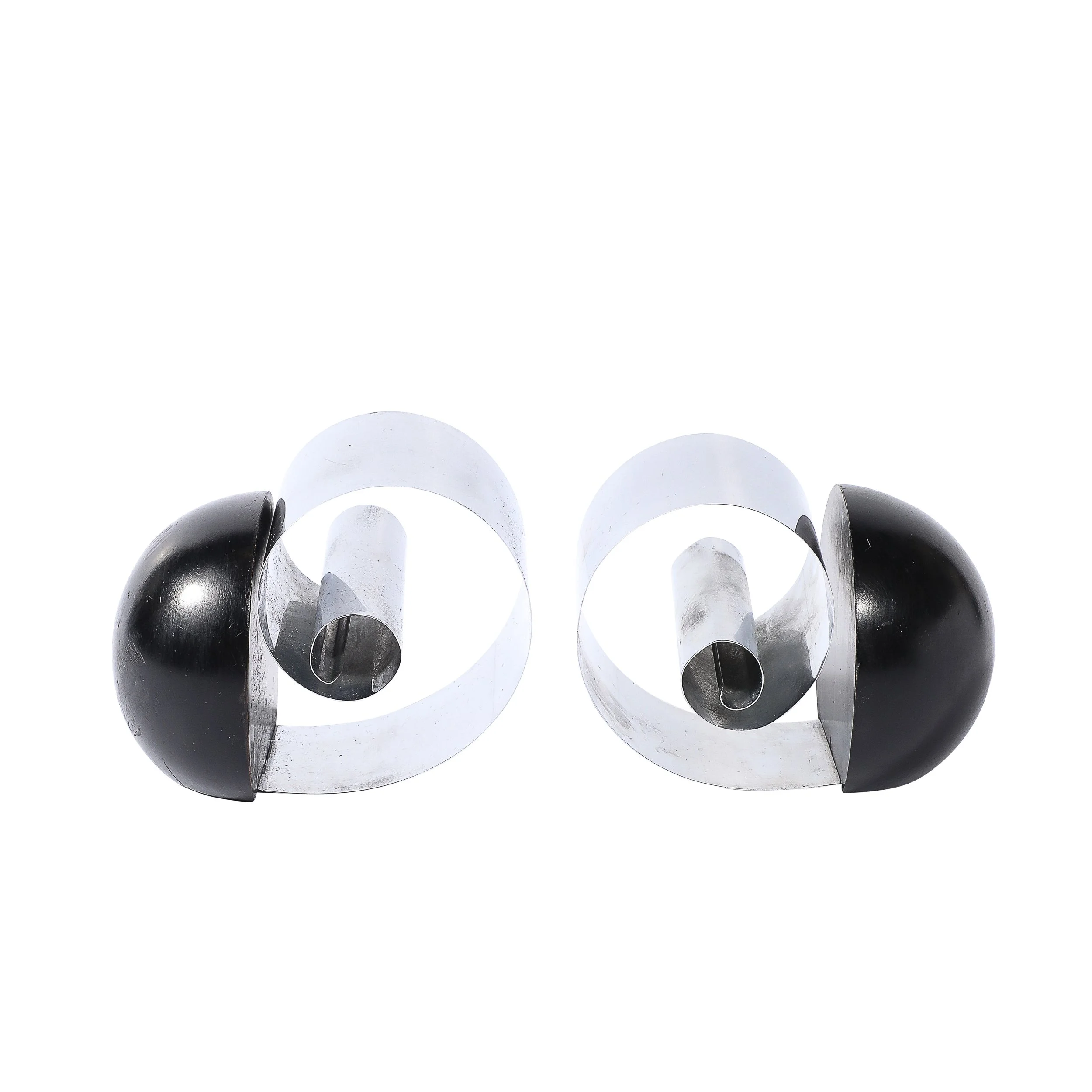 Art Deco Machine Age Spring Steel & Black Enamel Spherical Bookends by Revere - High Style Deco.jpg