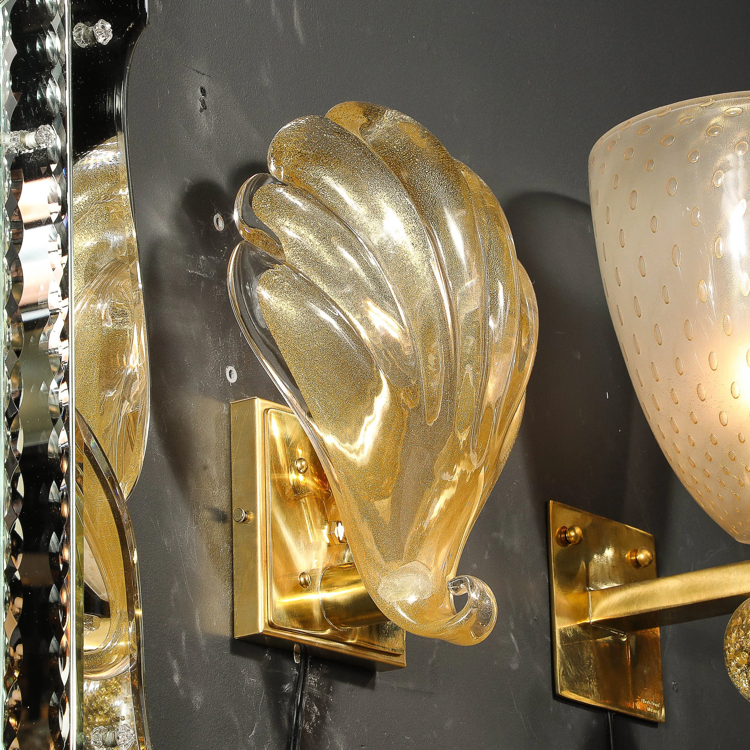 Modernist Hand-blown Murano Glass Shell Form Sconces W: 24 Karat Gold Flecks - High Style Deco 7.jpg