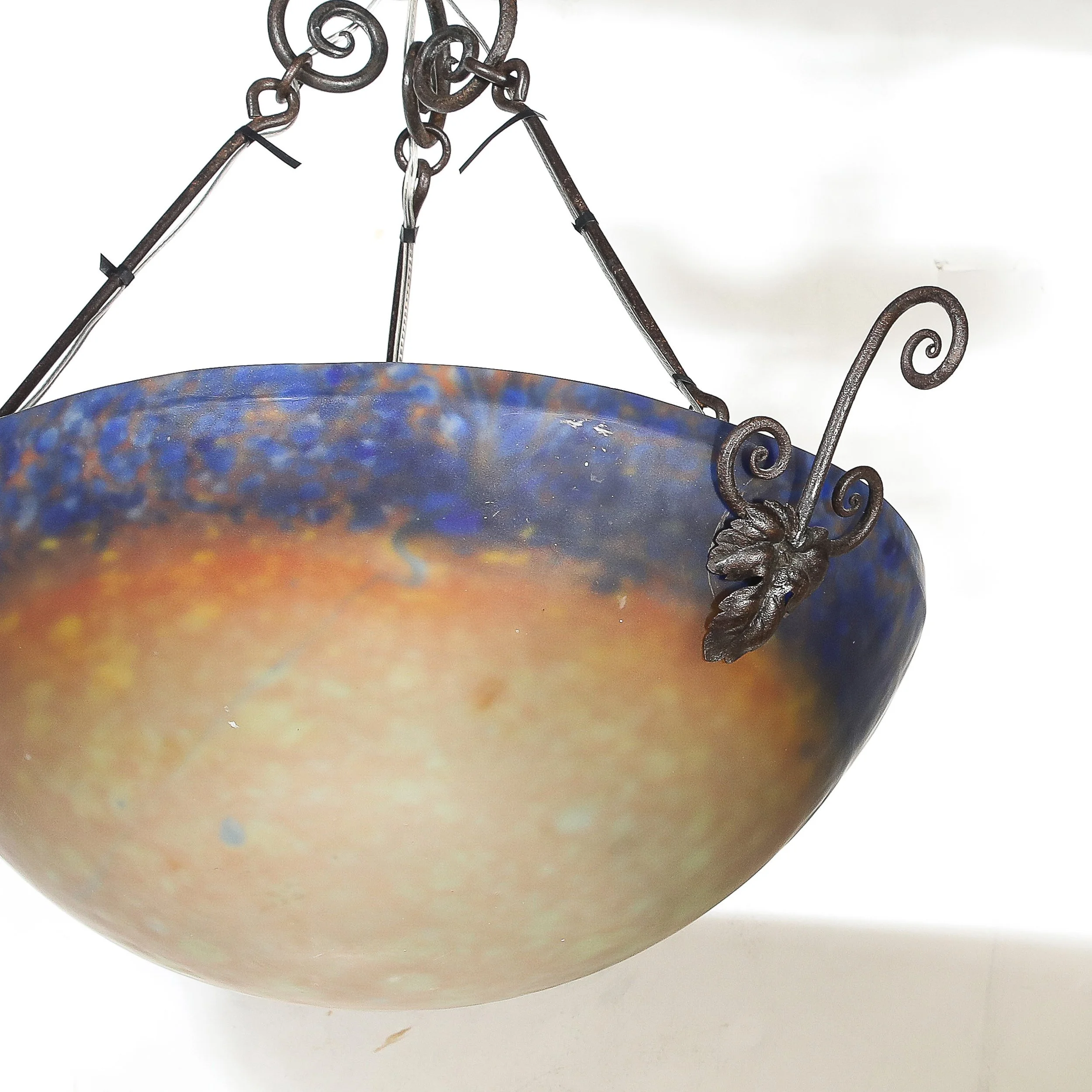 Art Deco Pâte de Verre Blue & Smoked Honey Glass Chandelier w: Leaf Form Fitting - High Style Deco 17.jpg