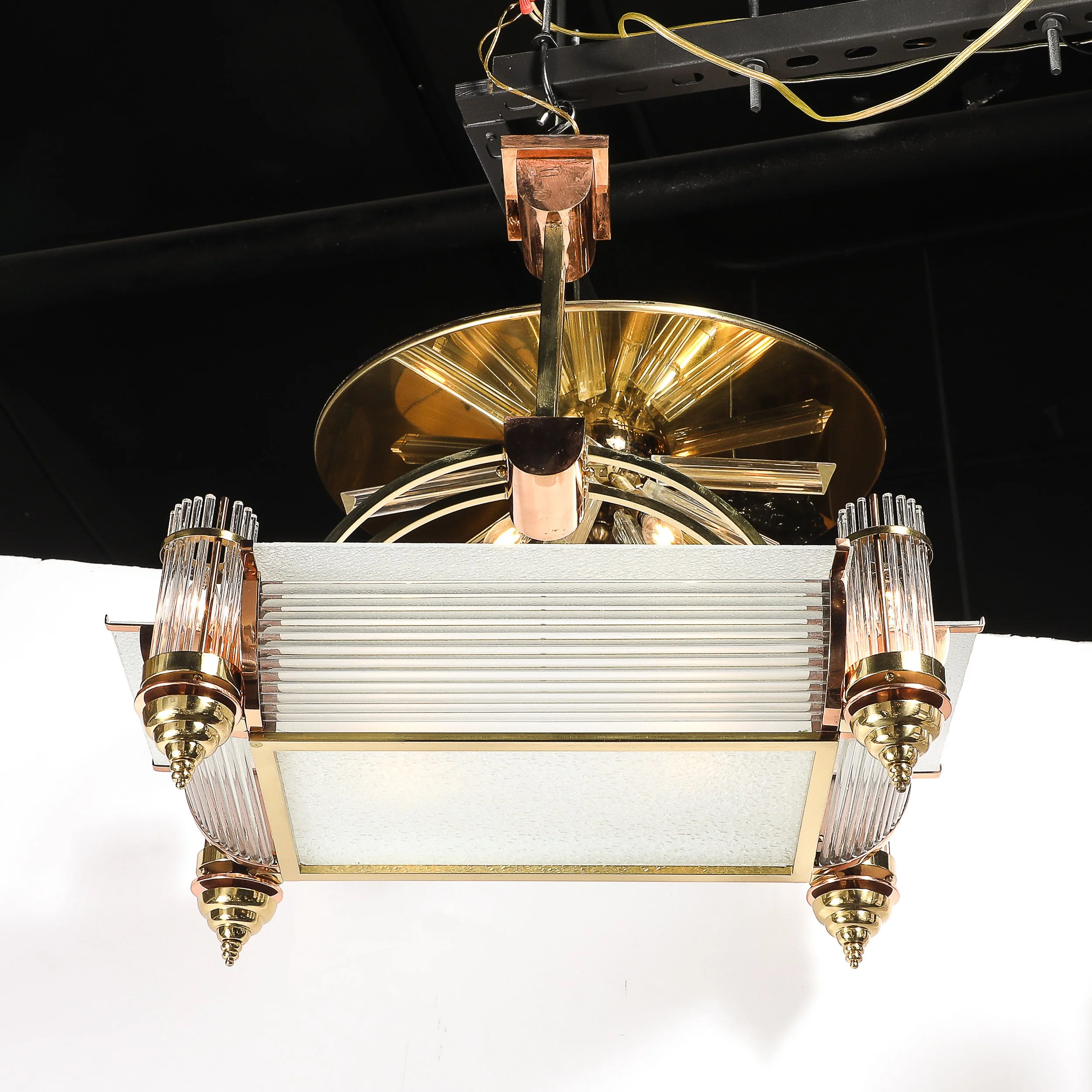 Art Deco Machine Age Brass & Copper Rectangular Chandelier w: Glass Diffuser - High Style Deco 7.jpg