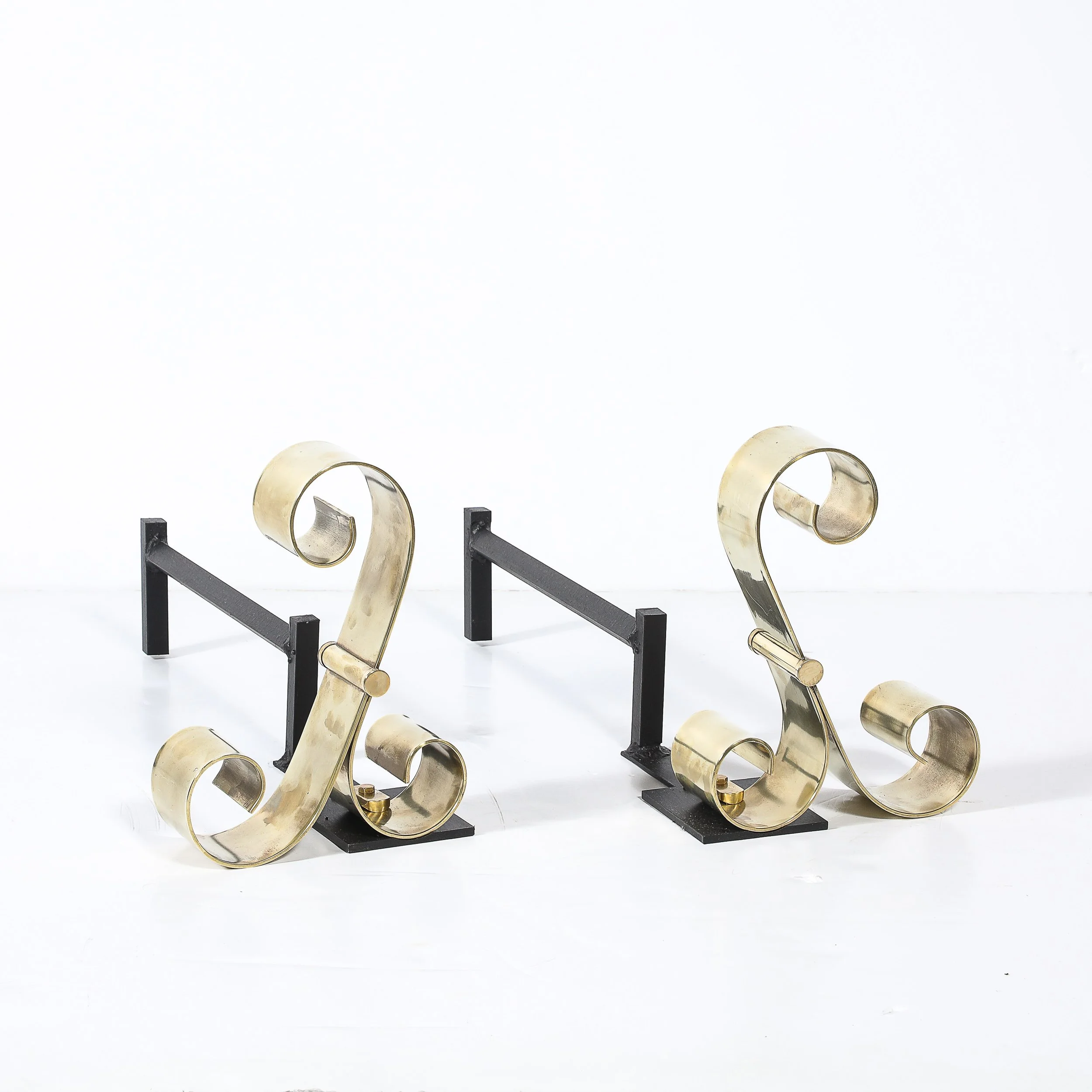 Mid-Century Modernist Scroll Form Andirons in Polished Brass - High Style Deco 1.jpg