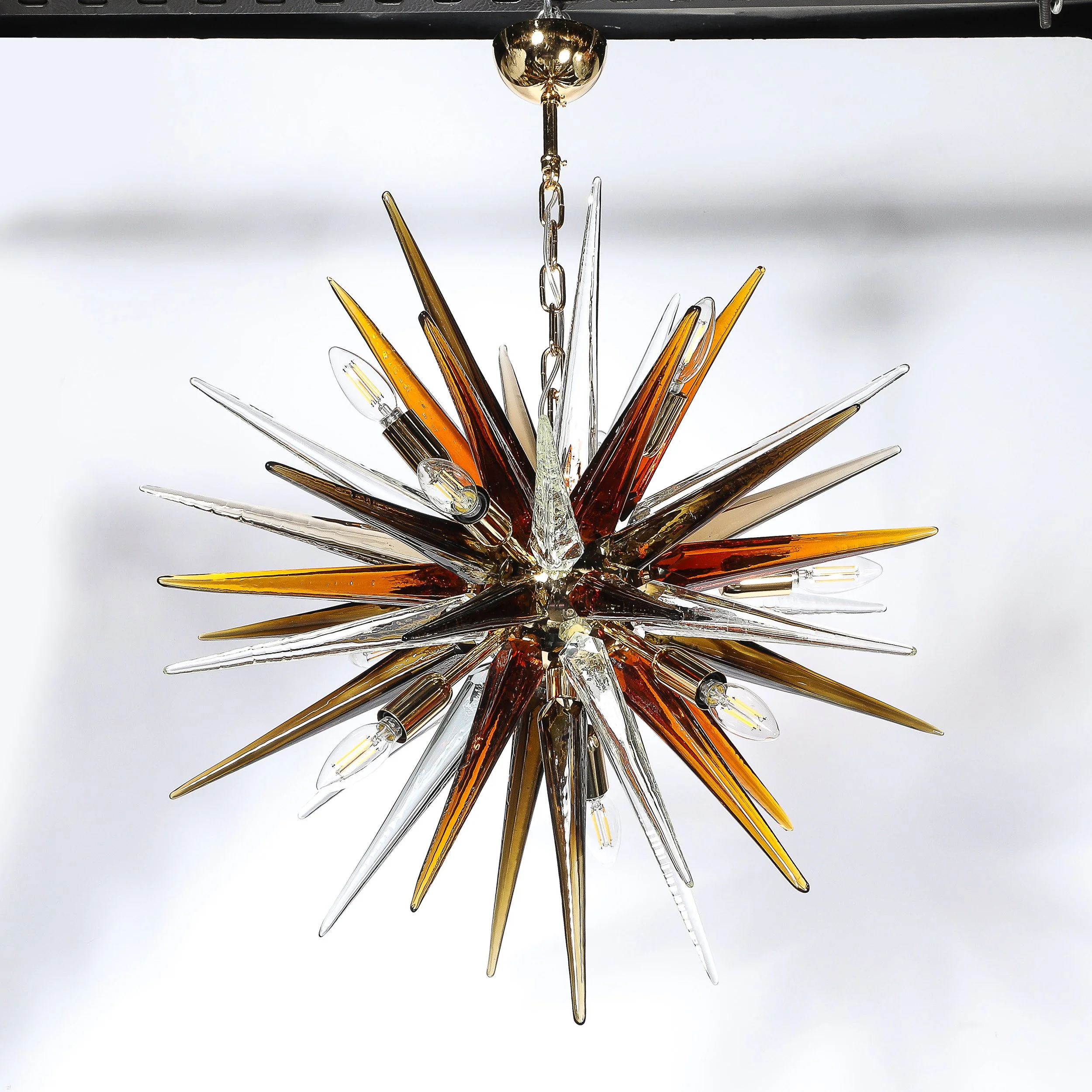 Modernist Mixed Hand-Blown Murano Glass Spike Form Sputnik Chandelier w: Brass - High Style Deco 10.jpg