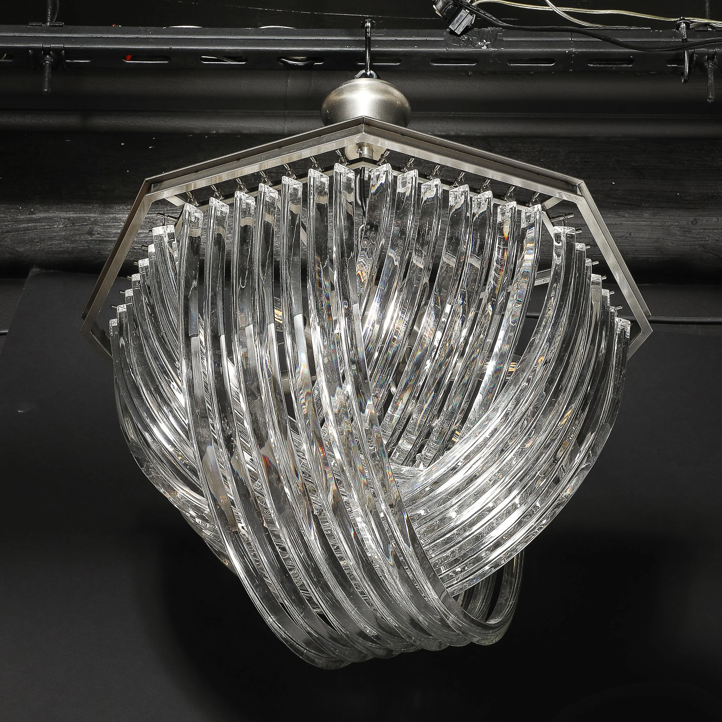 Modernist Hand-Blown Murano Glass Ribbon Chandelier W: Brushed Nickel Frame - high Style Deco 14.jpg