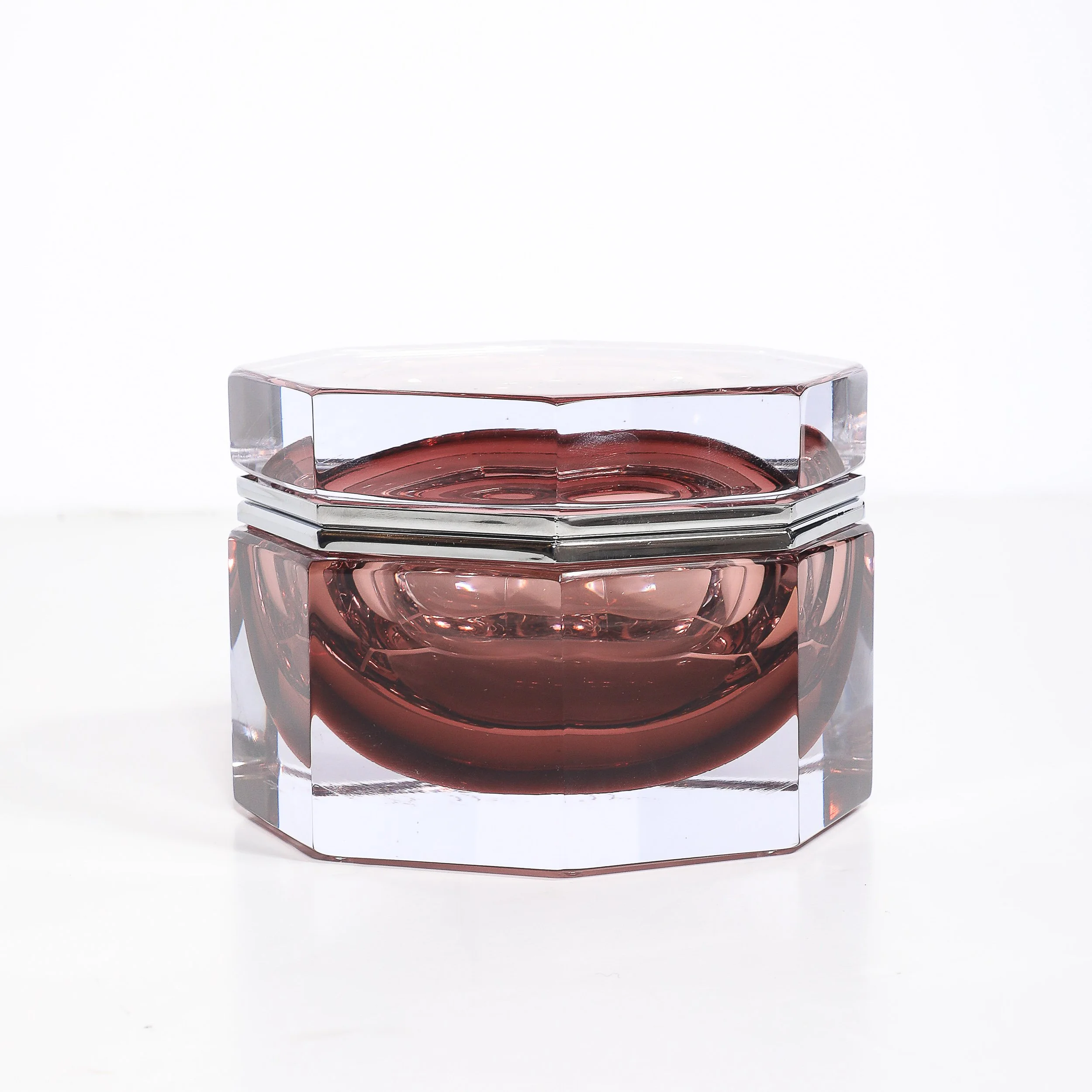 Modernist Octagonal Handblown Murano Glass Box in Smoked Ruby W: Polished Nickel - High Style Deco 2.jpg
