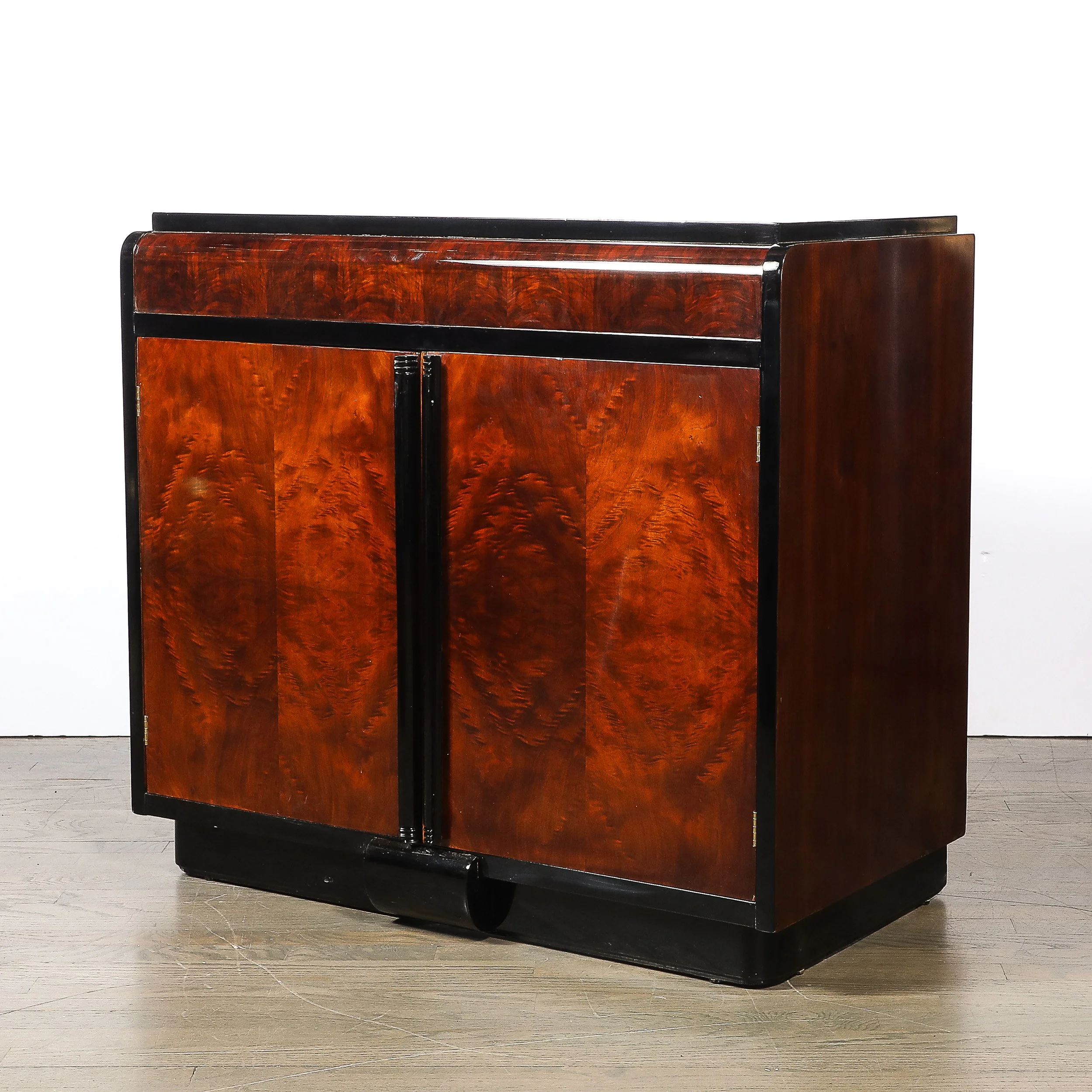 Art Deco Machine Age Waterfall Front Book-Matched Walnut & Black Lacquer Cabinet - High Style Deco 8.jpg