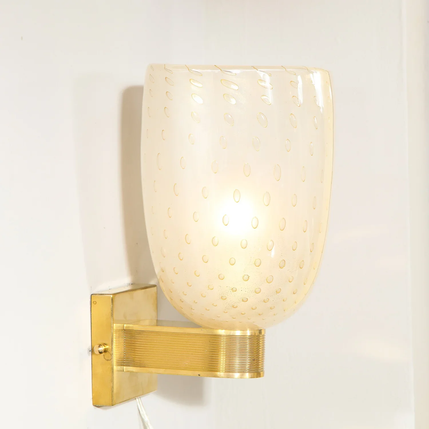 Modernist+Handblown+Murano+Glass+and+24kt+Gold+Sconces+with+Reeded+Brass+Arm+-+High+Style+Deco+2.webp
