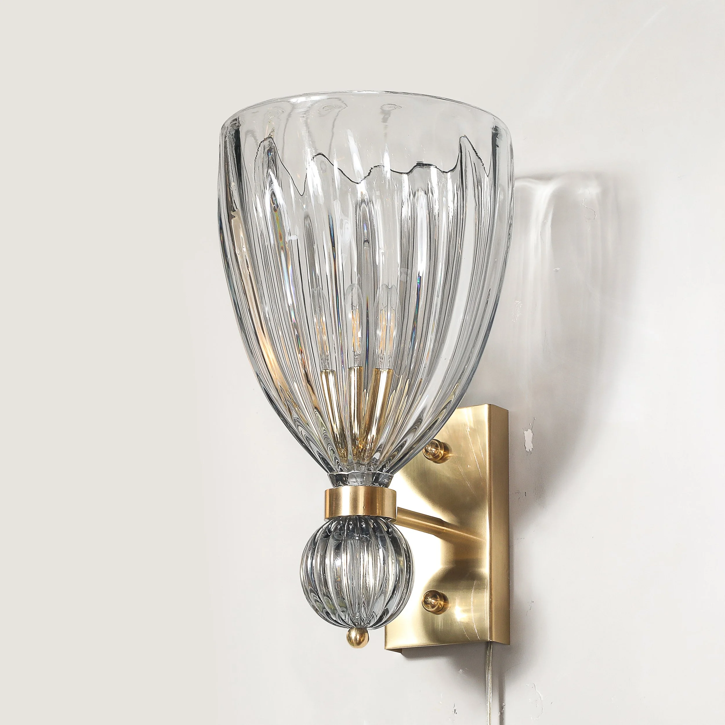 Modernist Orbital Drop Hand-Blown Murano Fluted Smoked Blue Gray Glass Sconces - High Style Deco 11.jpg