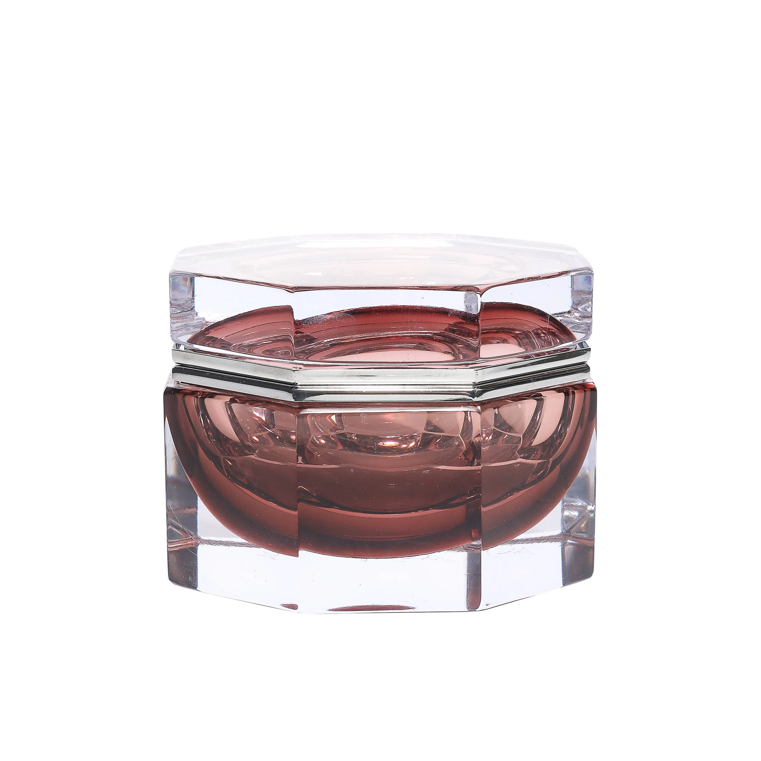 Modernist Octagonal Handblown Murano Glass Box in Smoked Ruby W: Polished Nickel - High Style Deco.jpg
