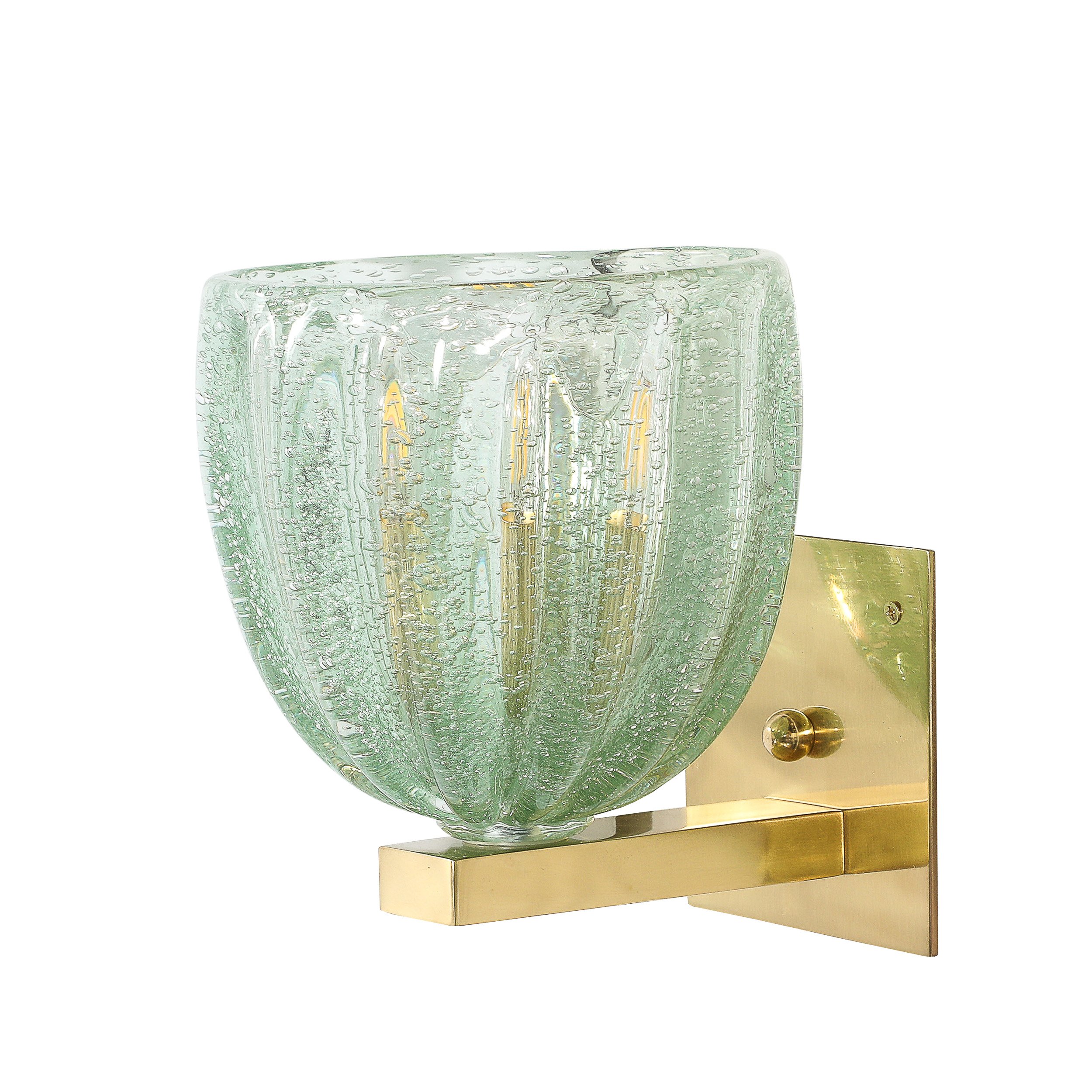 Modernist Hand-Blown Sea Green Fluted Pulegoso Murano Glass & Brass Sconces - High Style Deco 9.jpg