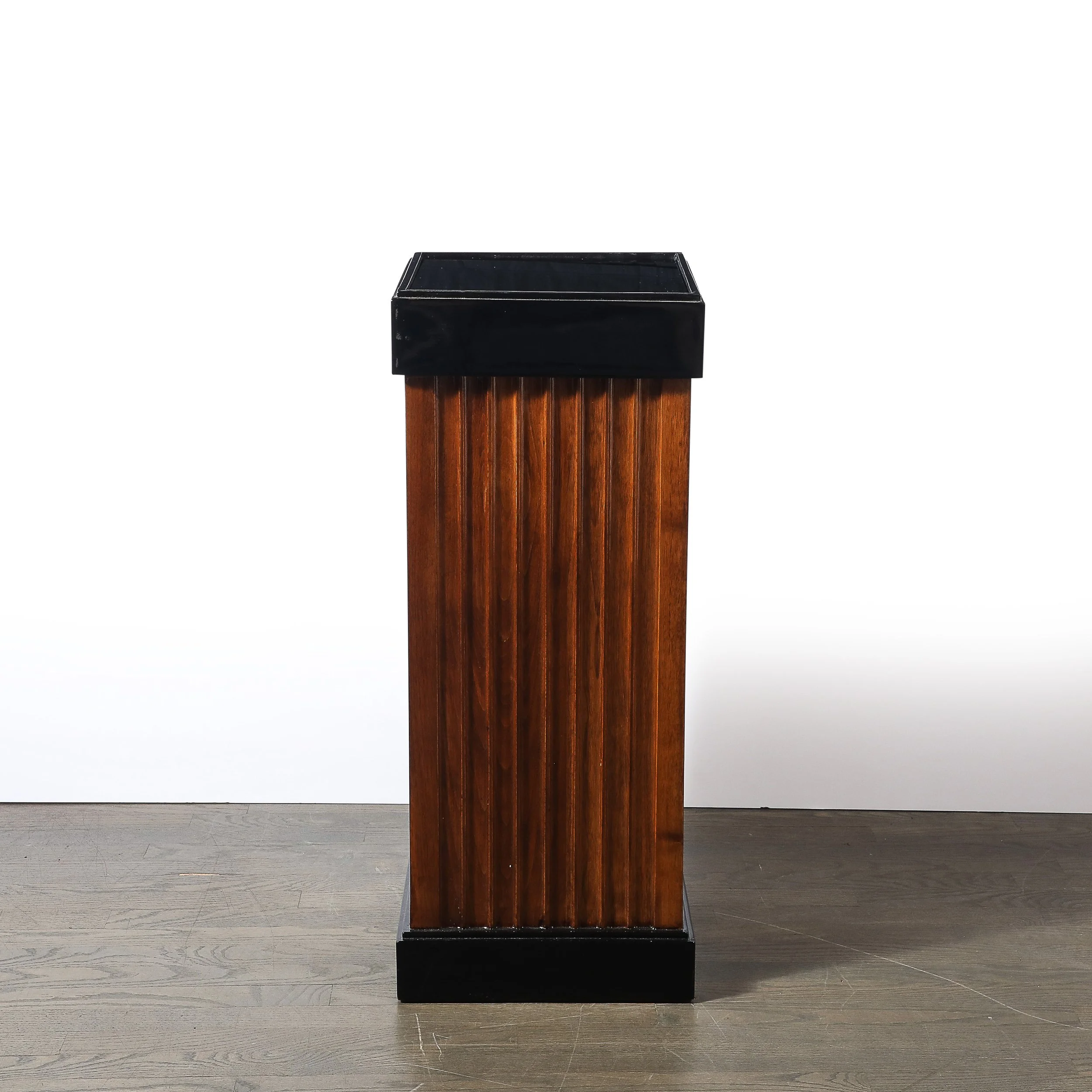 Pair of Art Deco Pedestals in Fluted Walnut & Black Lacquer Bases w: Glass Tops - High Style Deco 2.jpg