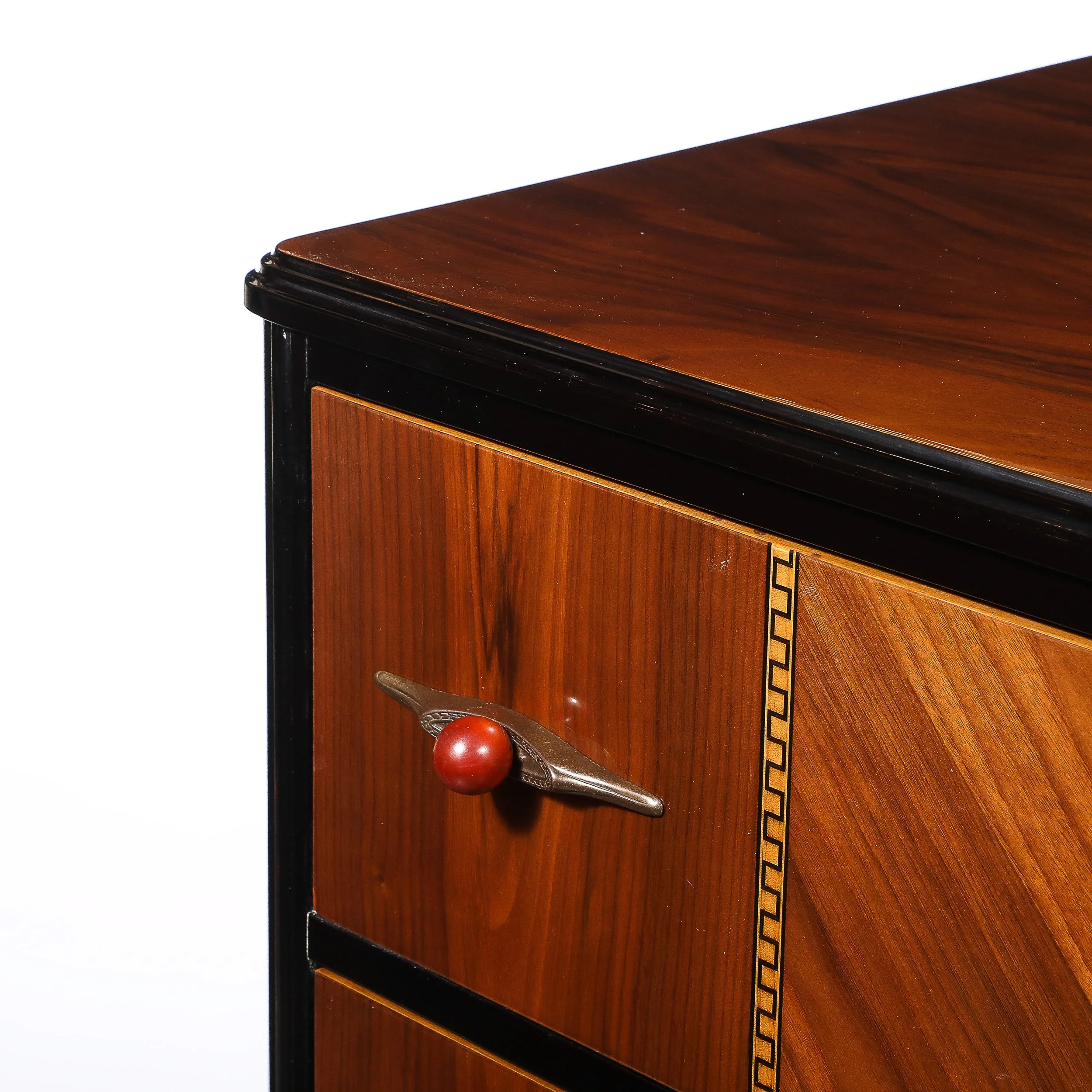 Art Deco Book-Matched Walnut & Black Lacquer Detailed Chest w: Bakelite Pulls - High Style Deco 16.jpg