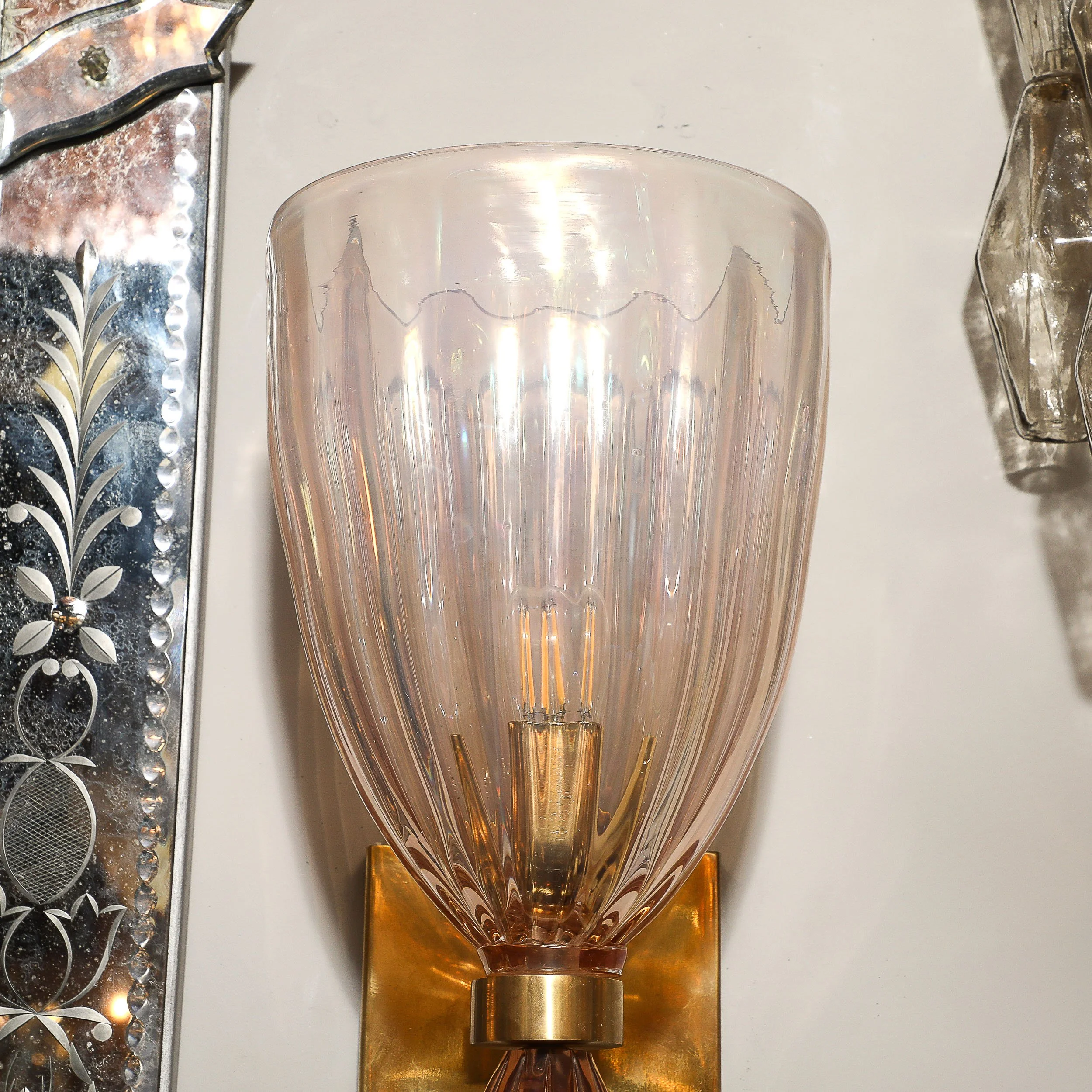 Modernist Hand-Blown Iridescent Pink Murano Glass Fluted Sconces w: Spike Drope - High Style Deco 12.jpg