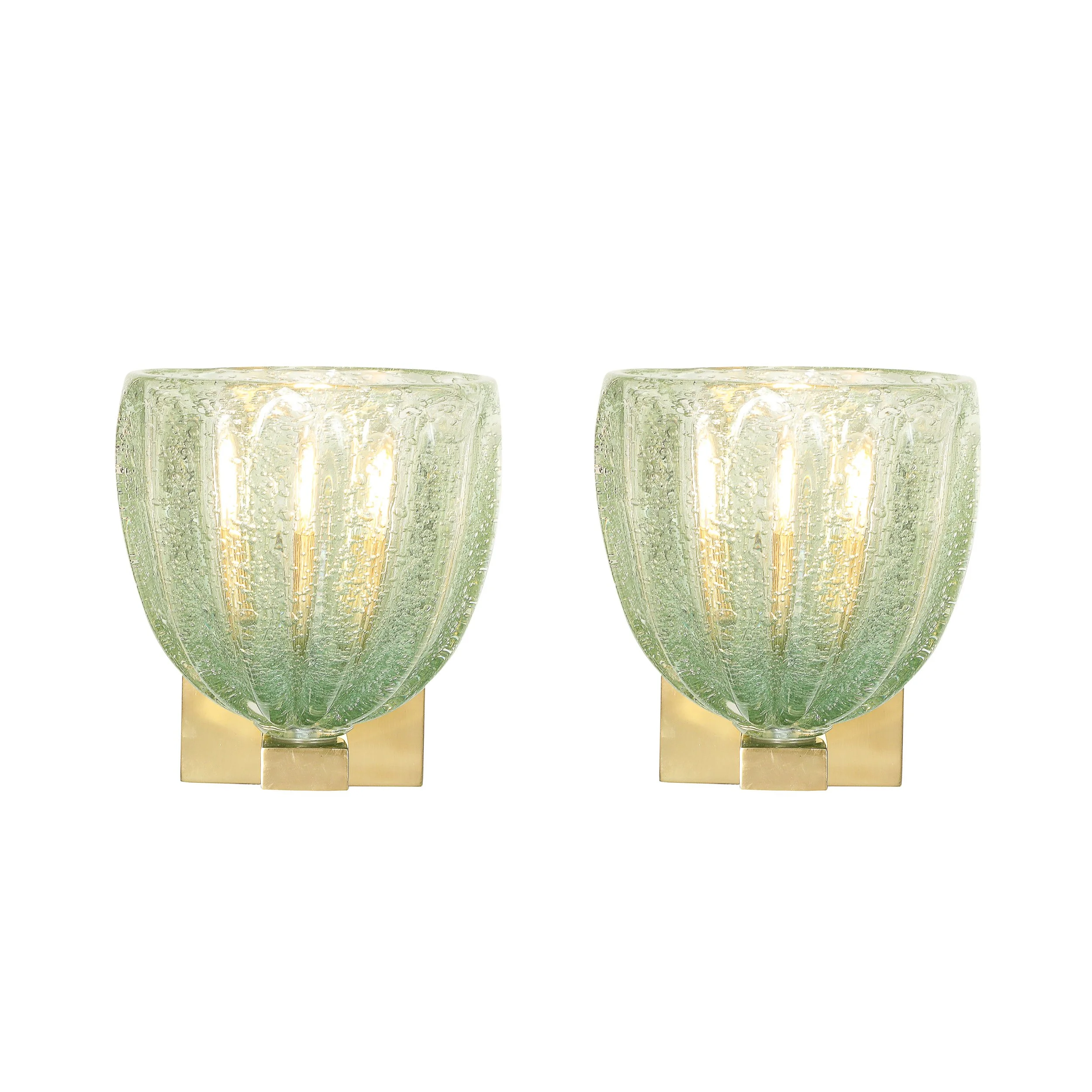 Modernist Hand-Blown Sea Green Fluted Pulegoso Murano Glass & Brass Sconces - High Style Deco 1.jpg