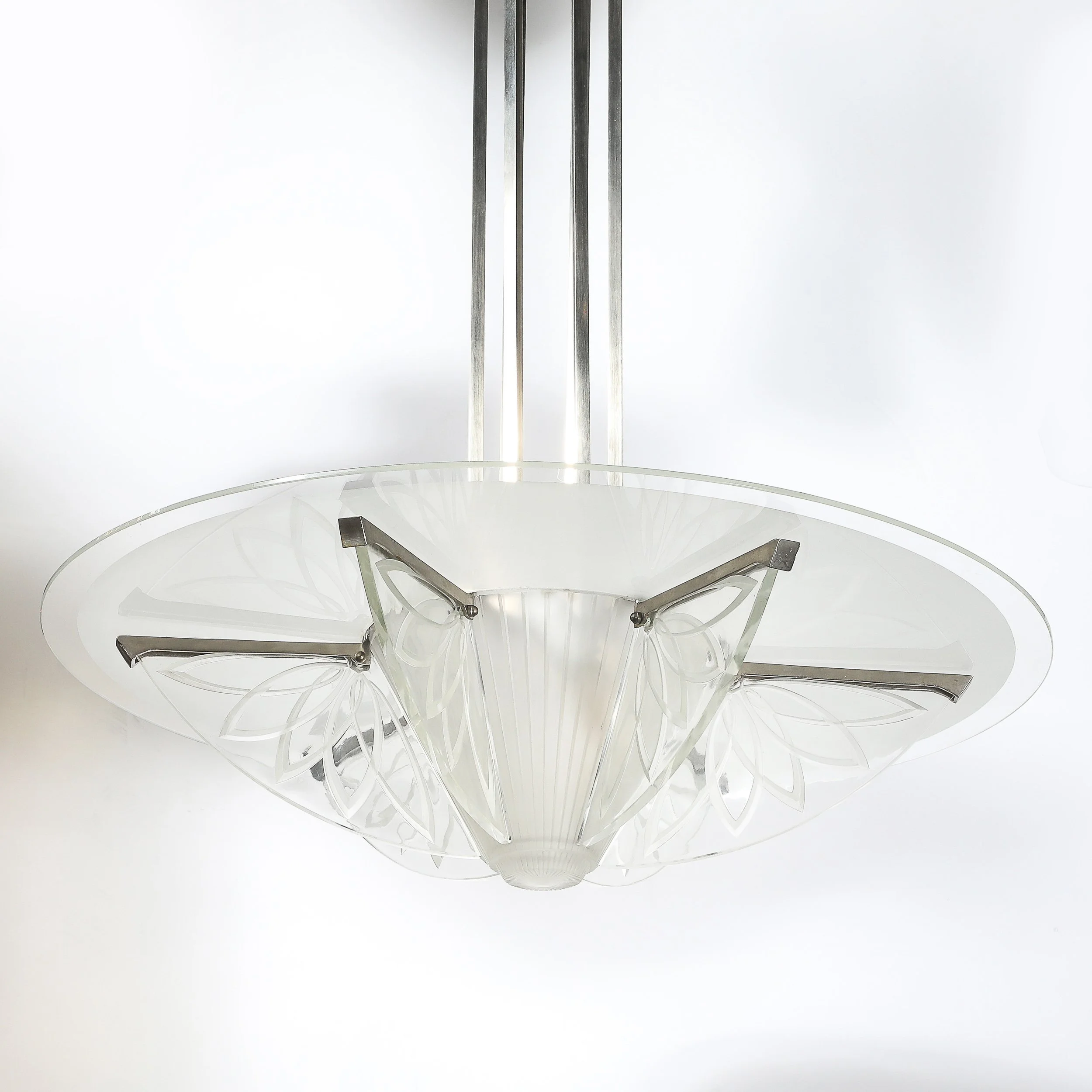 Art Deco Machine Age Frosted, Etched Glass & Nickel Chandelier by Pierre D'Avsen - High Style Deco 17.jpg
