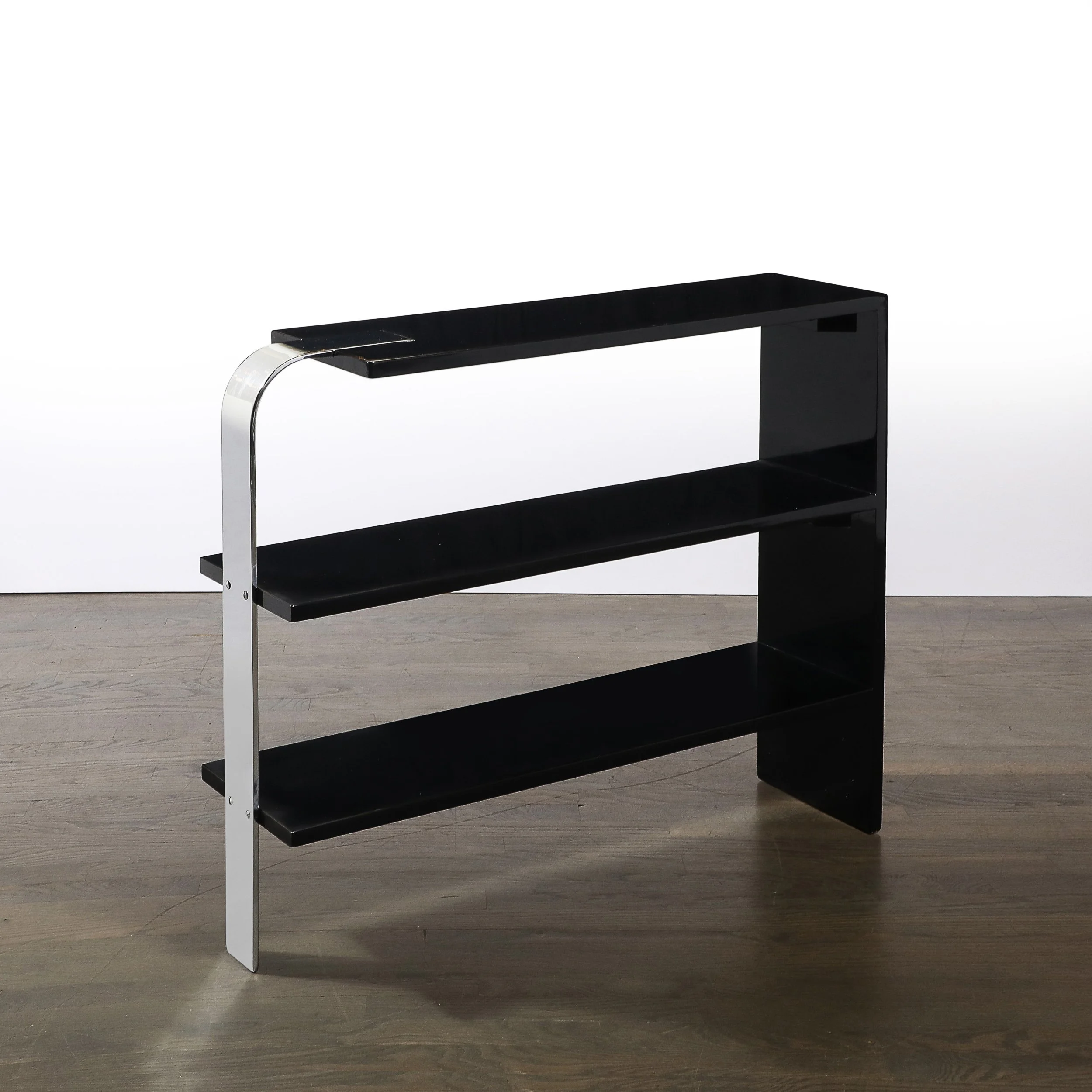 Art Deco Streamlined 3-Tier End Table:Bookcase in Black Lacquer w: Curved Chrome - High Style Deco 2.jpg