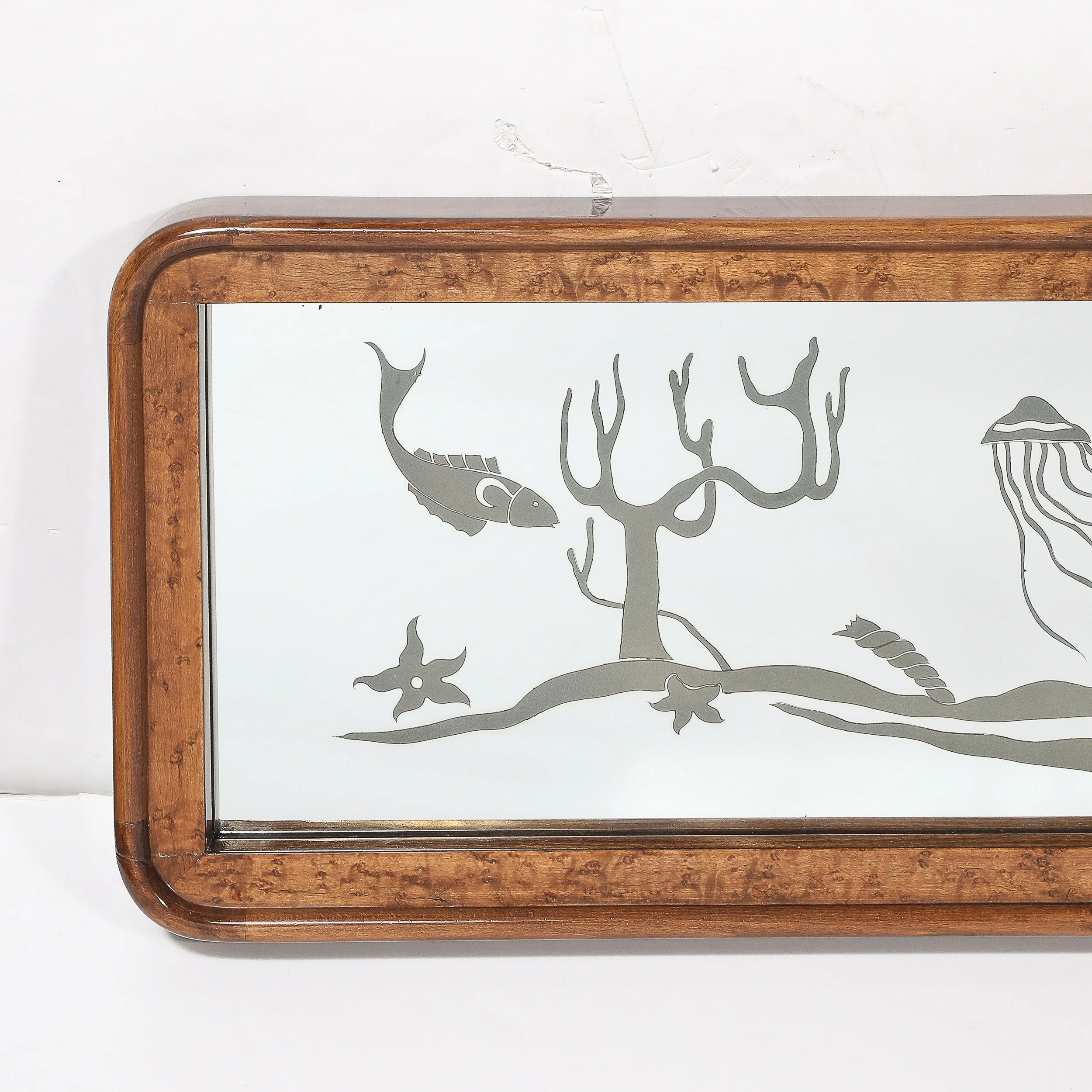 Mid-Century Burled Walnut Bordered Mirror W: Graphic Acid Etched Oceanic Motif - High Style Deco 2.jpg