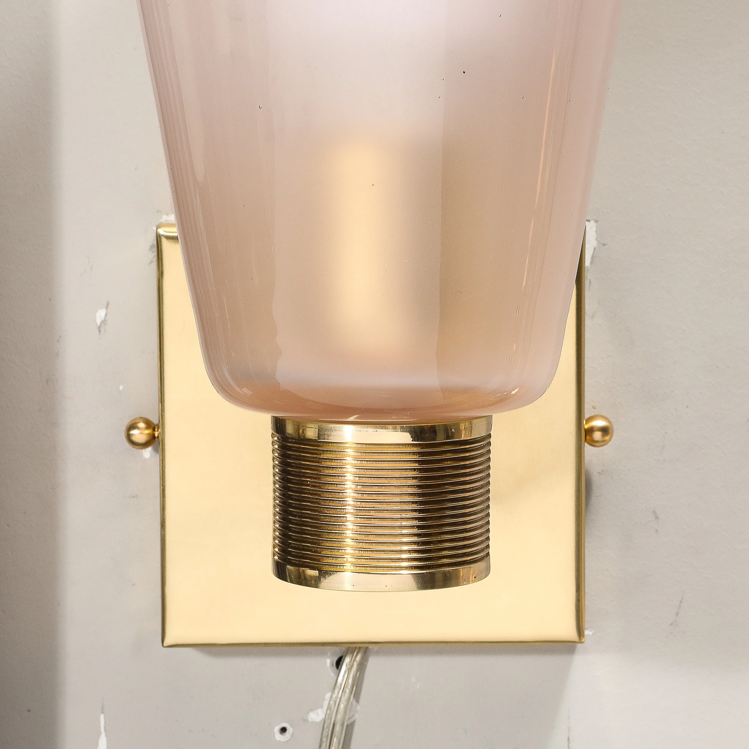 Pair of Modernist Hand-Blown Murano Smoked Pink Glass w: Reeded Brass Sconces - High Style Deco 7.jpg
