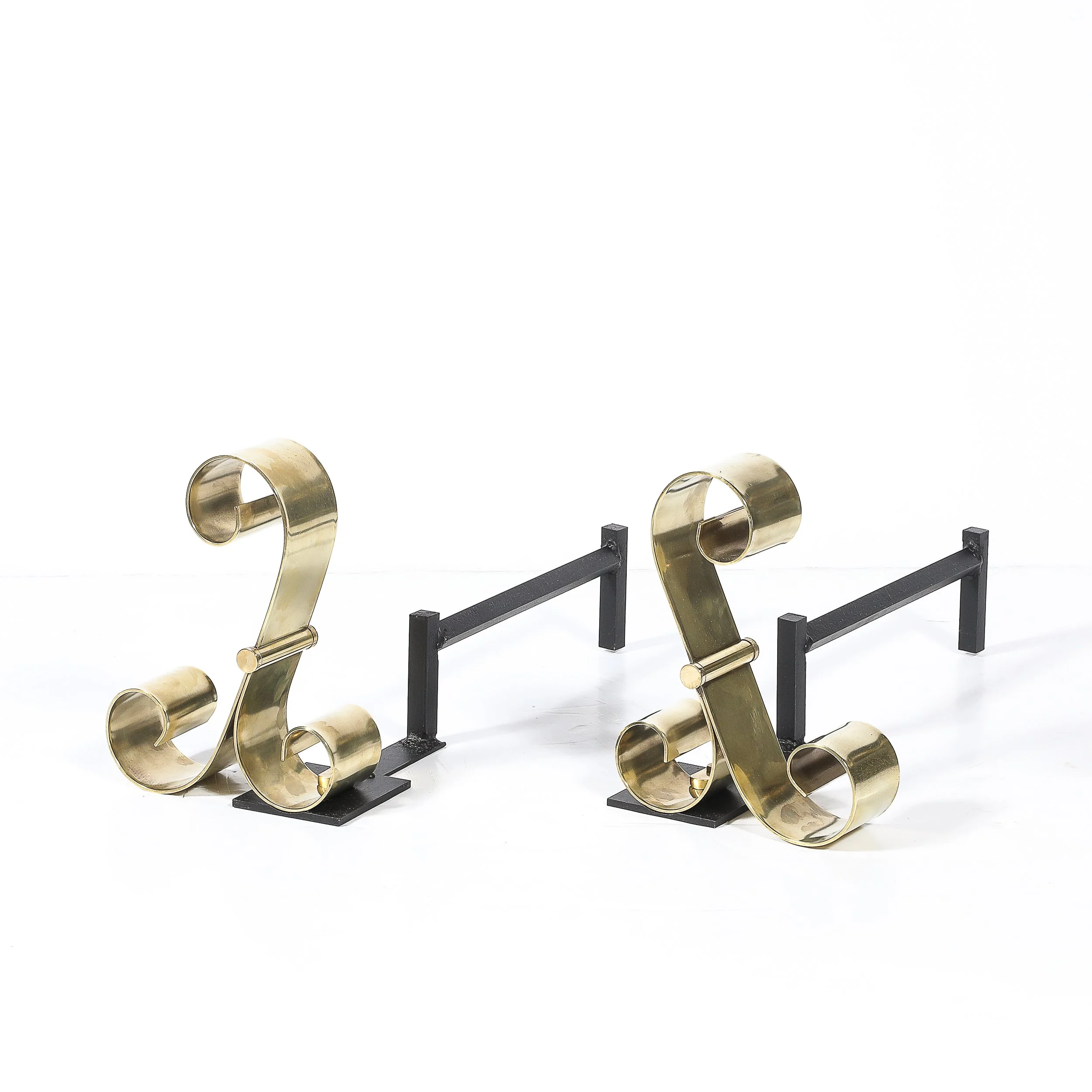 Mid-Century Modernist Scroll Form Andirons in Polished Brass - High Style Deco 7.jpg