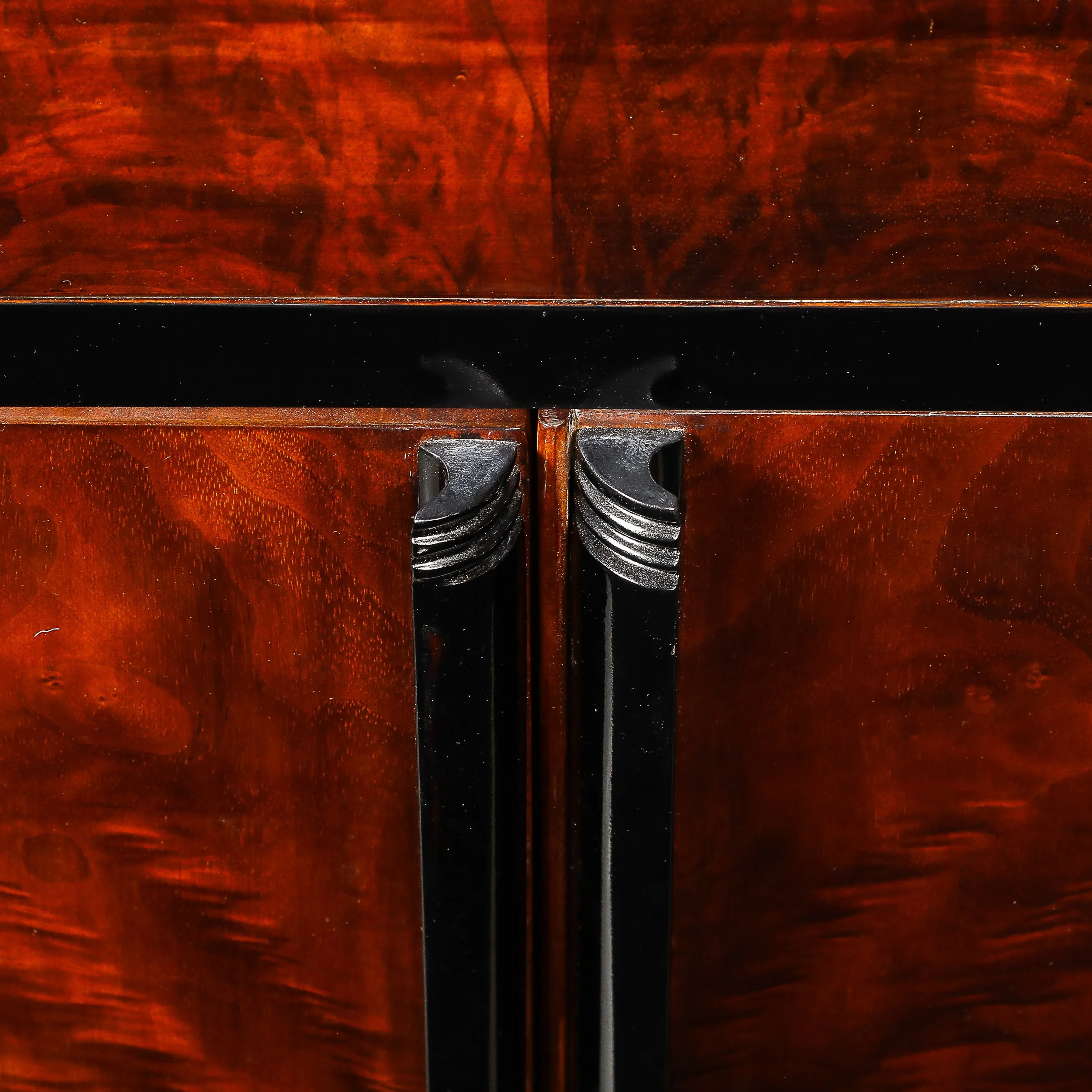 Art Deco Machine Age Waterfall Front Book-Matched Walnut & Black Lacquer Cabinet - High Style Deco 7.jpg