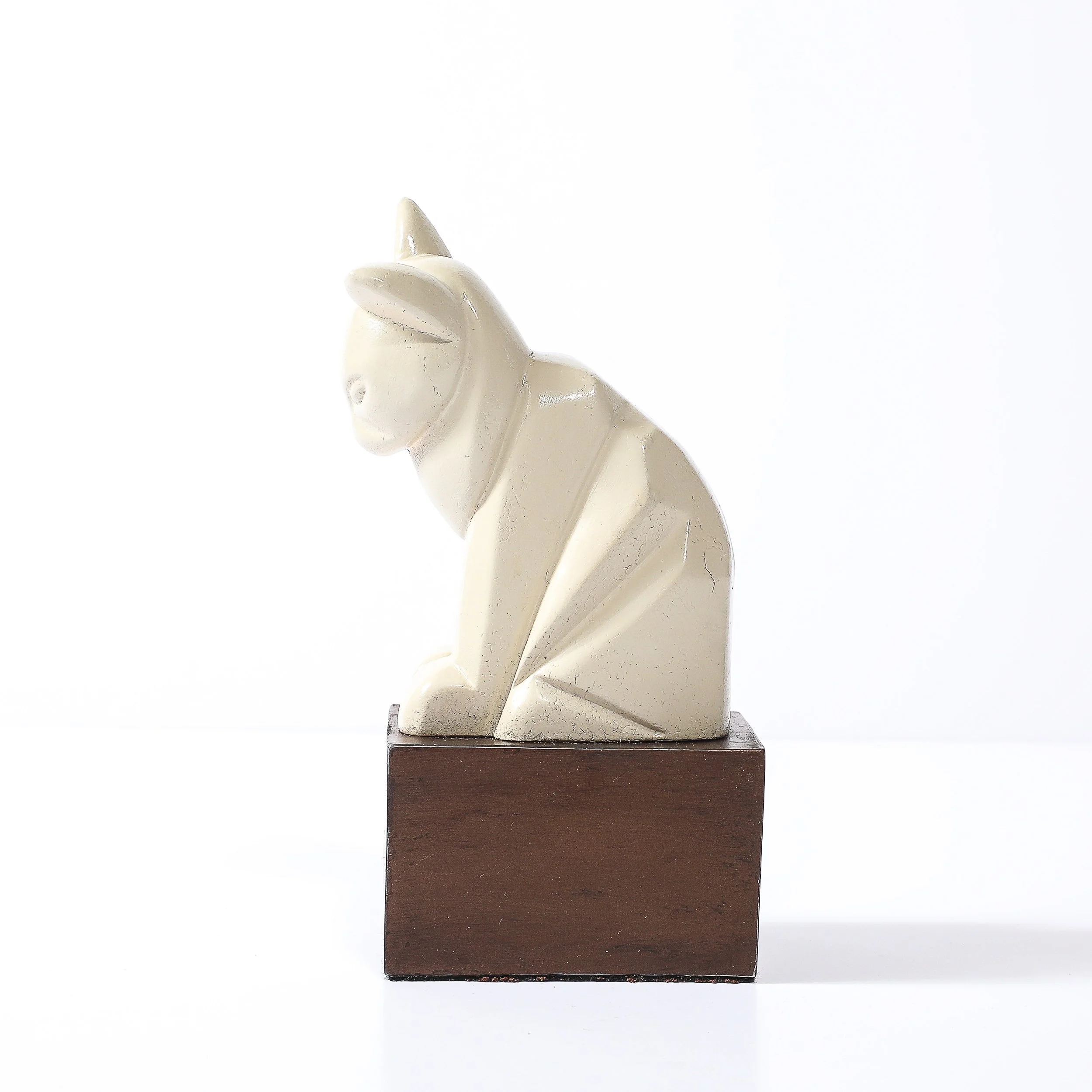 Art Deco Cubist Cat Sculpture in Cream Enamel on Brown Rectilinear Base - High Style Deco 8.jpg