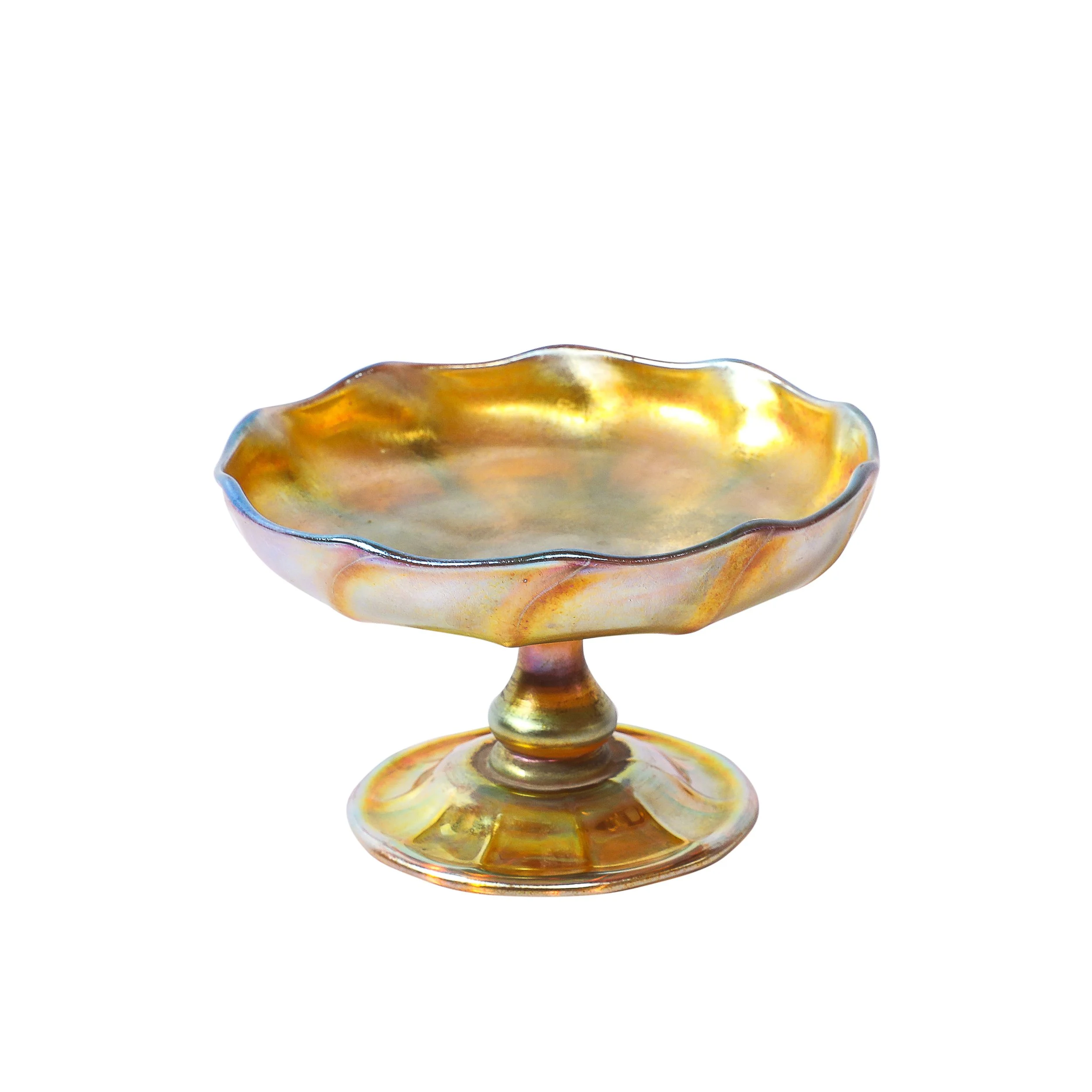 Art Nouveau Iridescent Yellow Blue Favrile Glass Footed Dish signed Tiffany & Co - High Style Deco.jpg