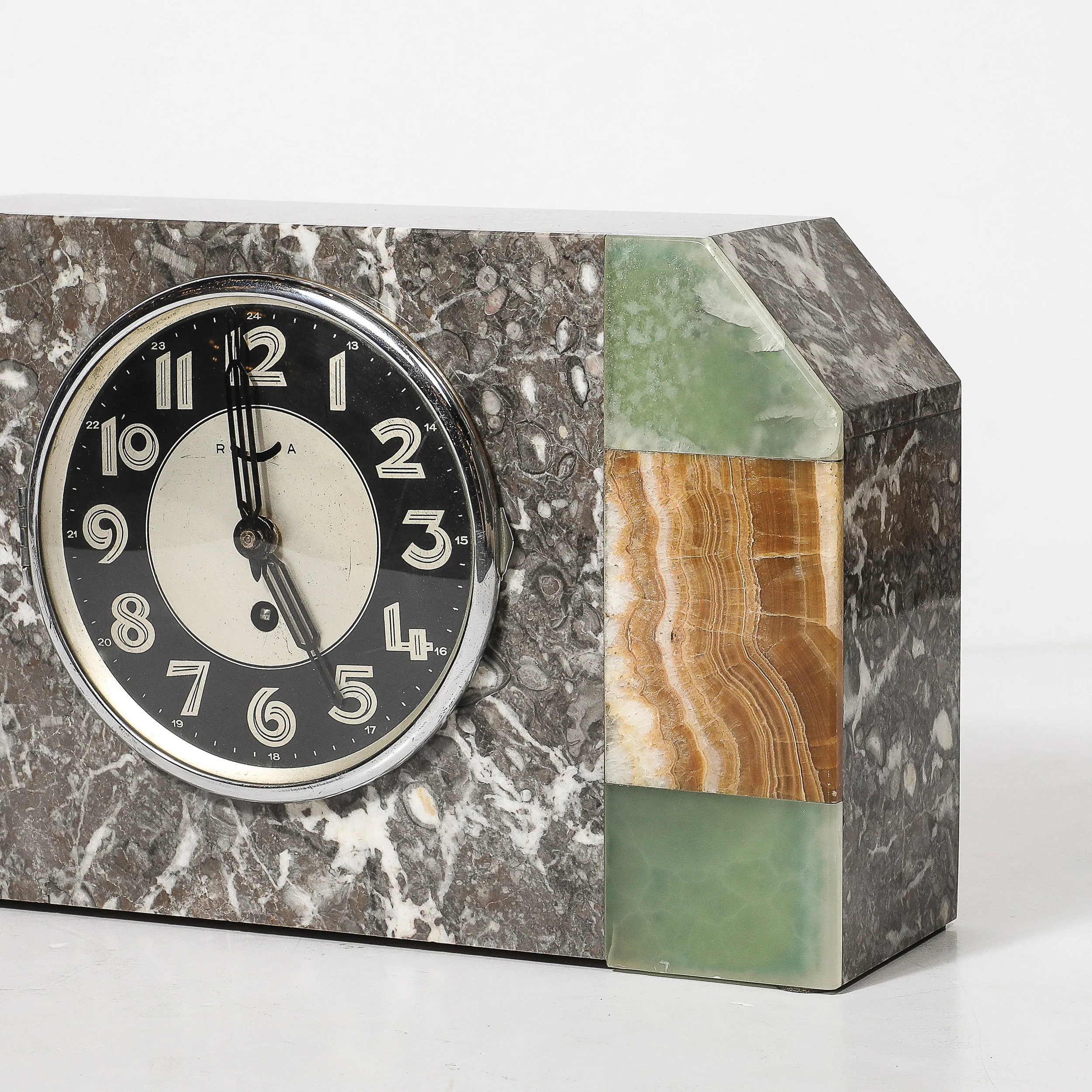 Art Deco Exotic Marble & Onyx Mantlepiece Clock w: Stylized Arabic Numeral Dial - High Style Deco 3.jpg