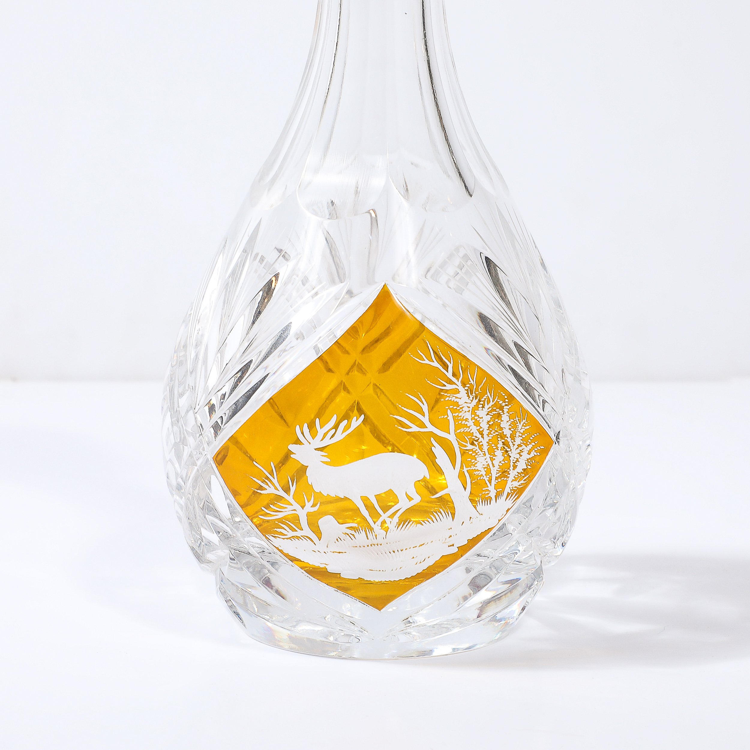 Mid-Century Modernist Cut Crystal Decanter W: Engraved Naturalist Scene in Amber - High Style Deco 1.jpg