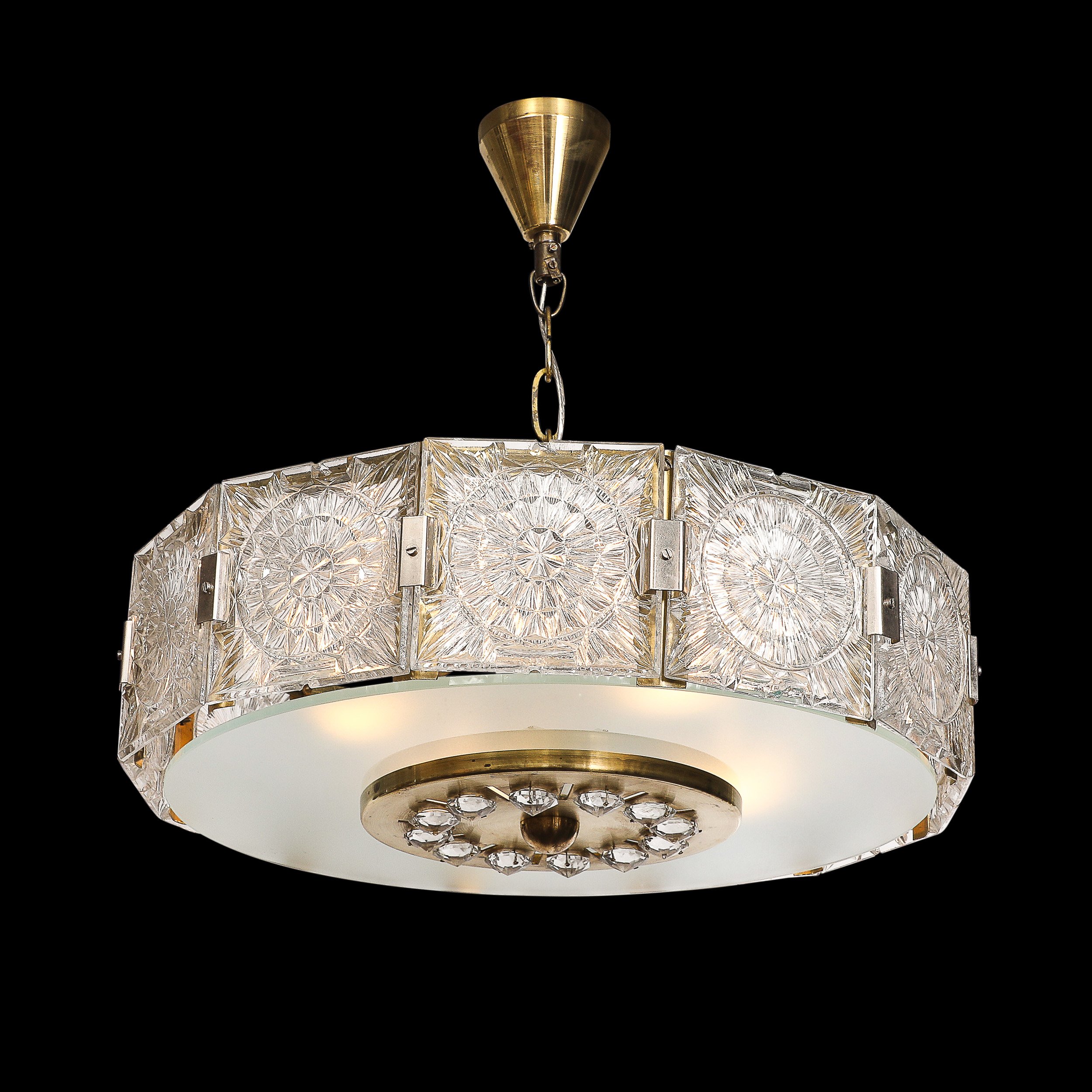 Mid-Century Modernist Pressed Glass Pendant Chandelier W: Frosted Diffuser - High Style Deco 14.jpg