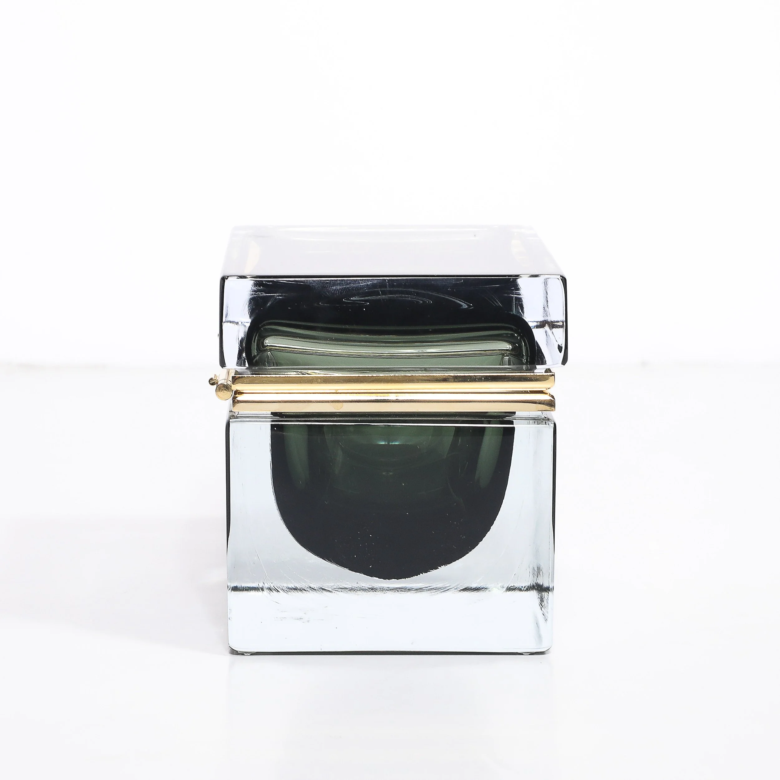 Modernist Handblown Murano Glass Box in Forrest Green w: Polished Brass Fittings - High Style Deco 2.jpg