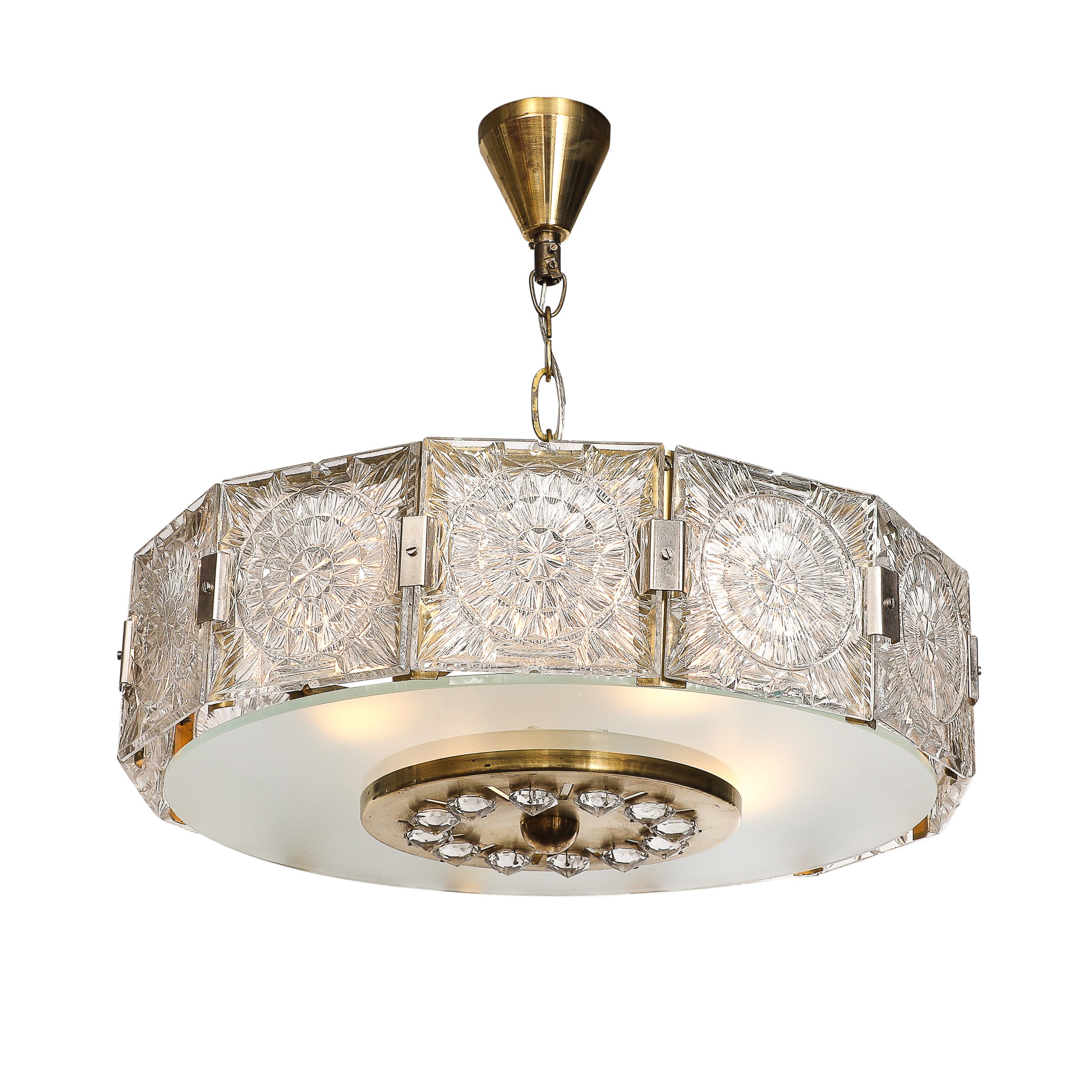 Mid-Century Modernist Pressed Glass Pendant Chandelier W: Frosted Diffuser - High Style Deco 13.jpg