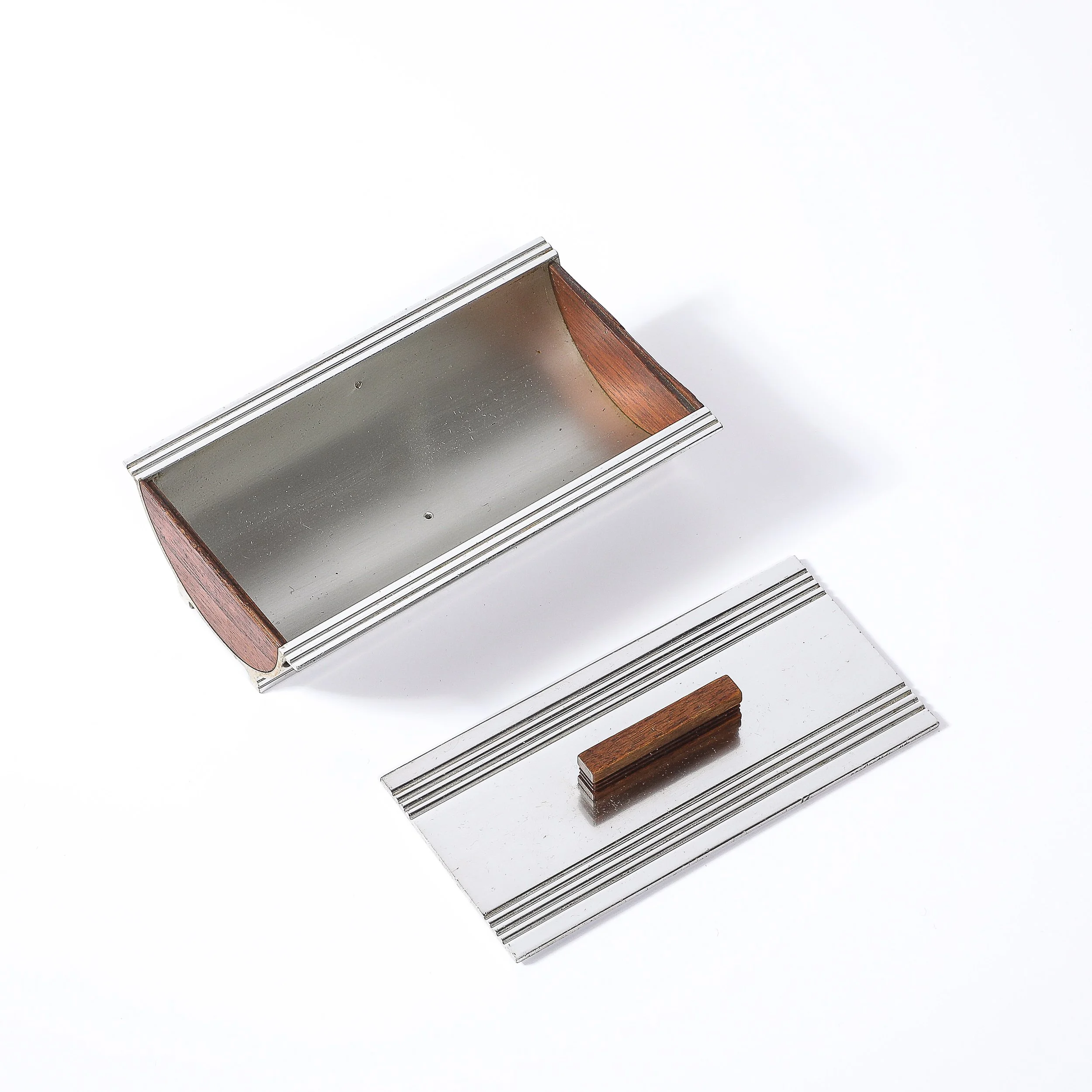 Art Deco Machine Age Cigarette Box in Aluminum & Walnut signed Kensington - High Style Deco 11.jpg