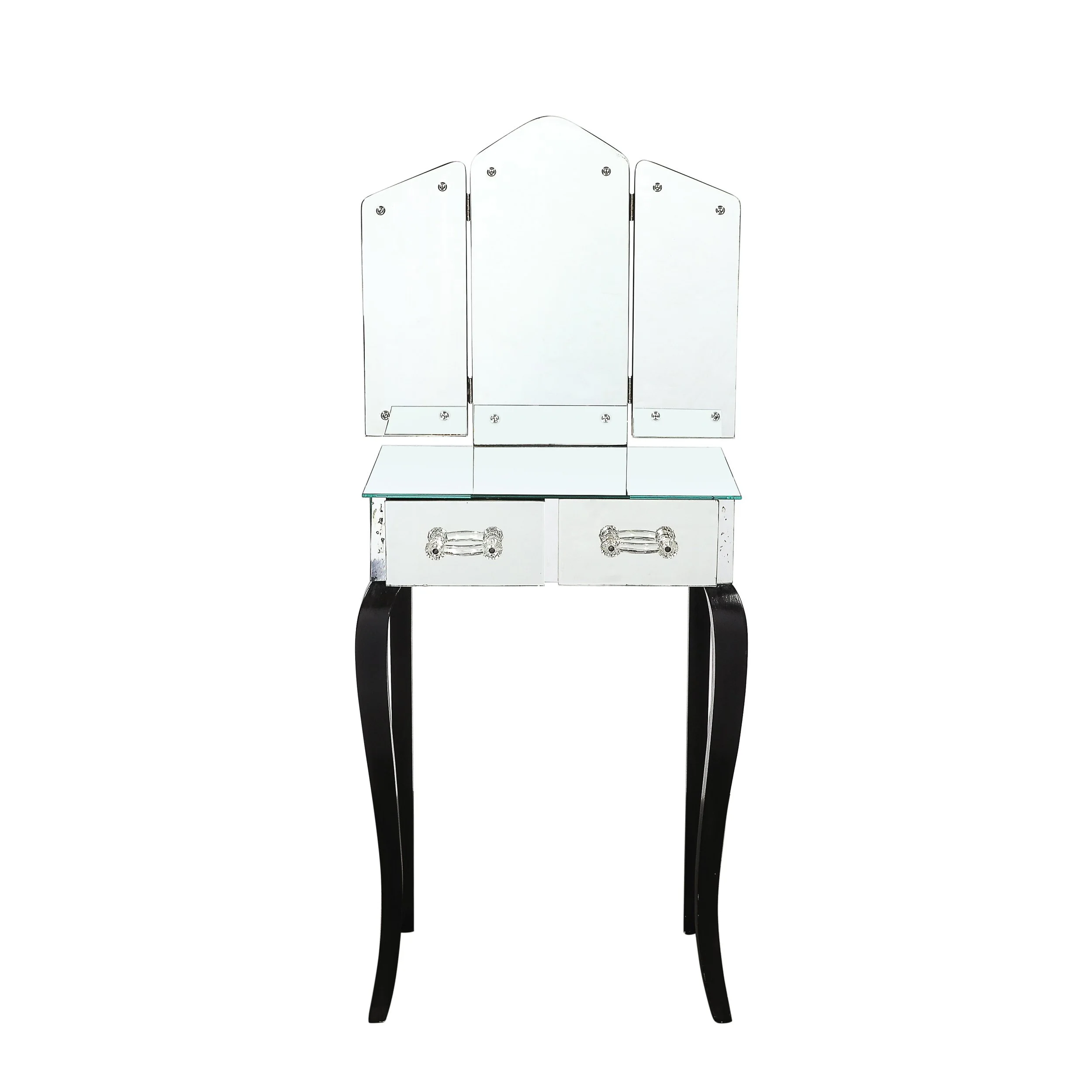 Art Deco Hollywood Mirrored Trifold Ebonized Cabriole Leg Vanity w: Glass Pulls - High Style Deco 2.jpg