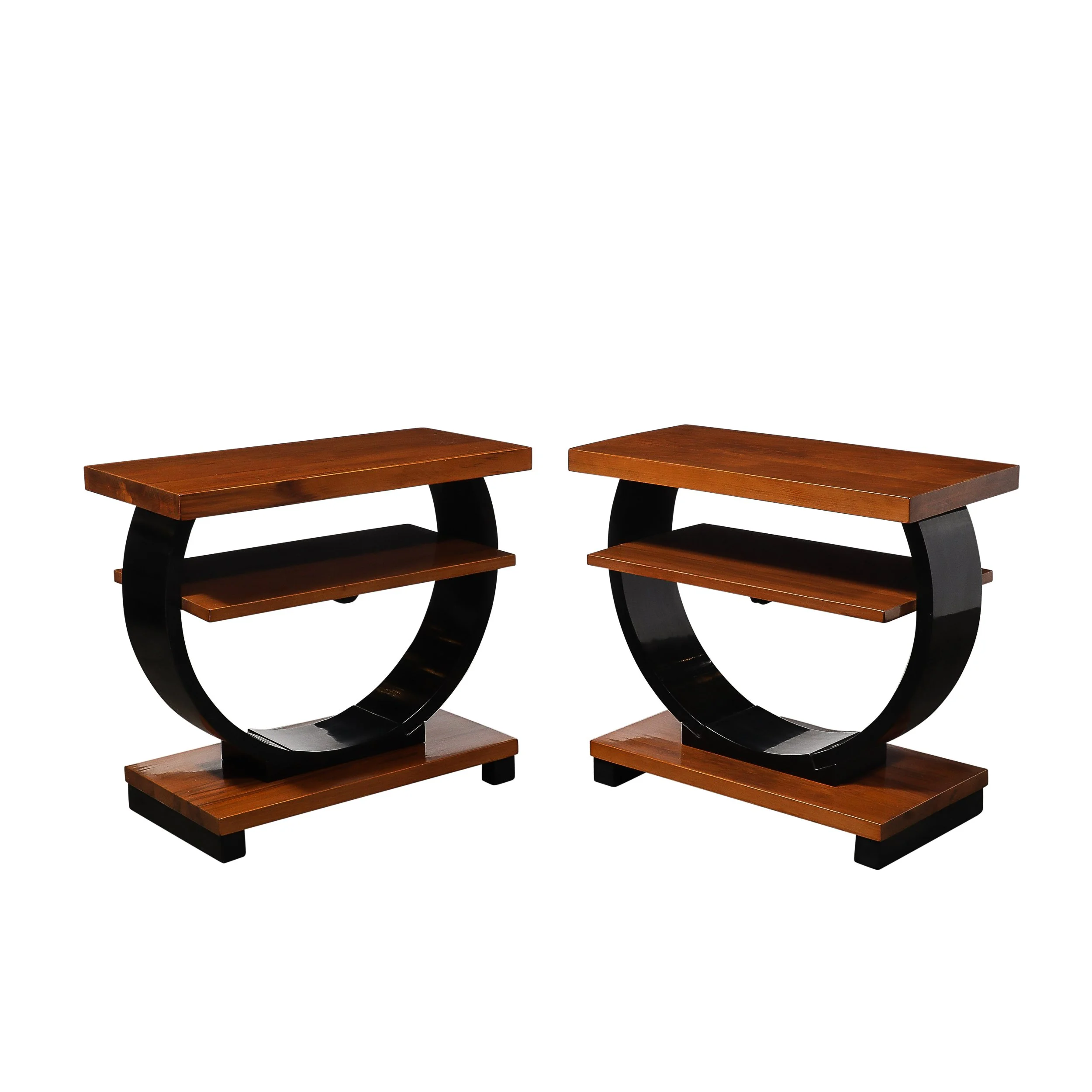 Pair of Art Deco Machine Age Two-Tier Side Tables in Walnut & Black Lacquer - High Style Deco.jpg