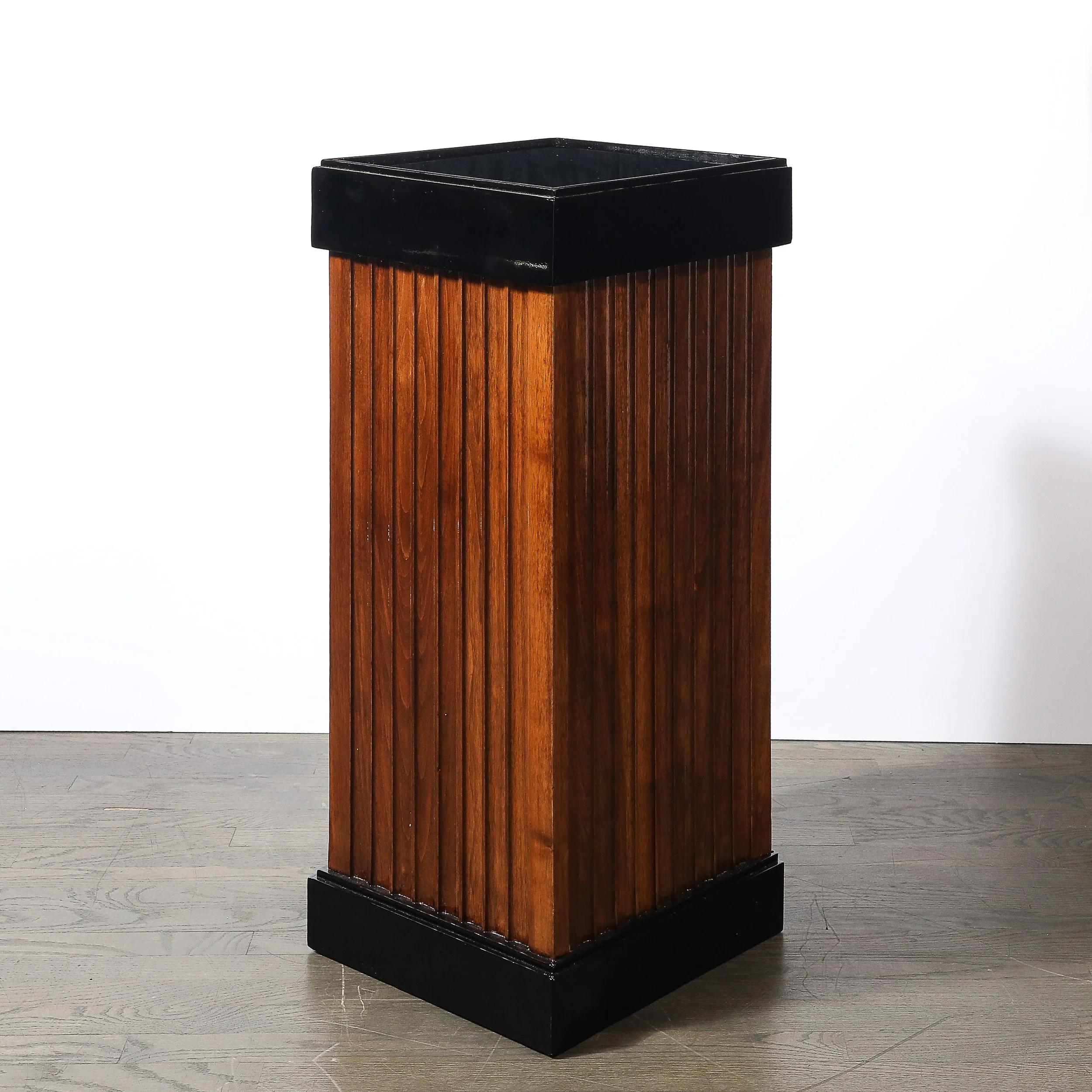 Pair of Art Deco Pedestals in Fluted Walnut & Black Lacquer Bases w: Glass Tops - High Style Deco 8.jpg