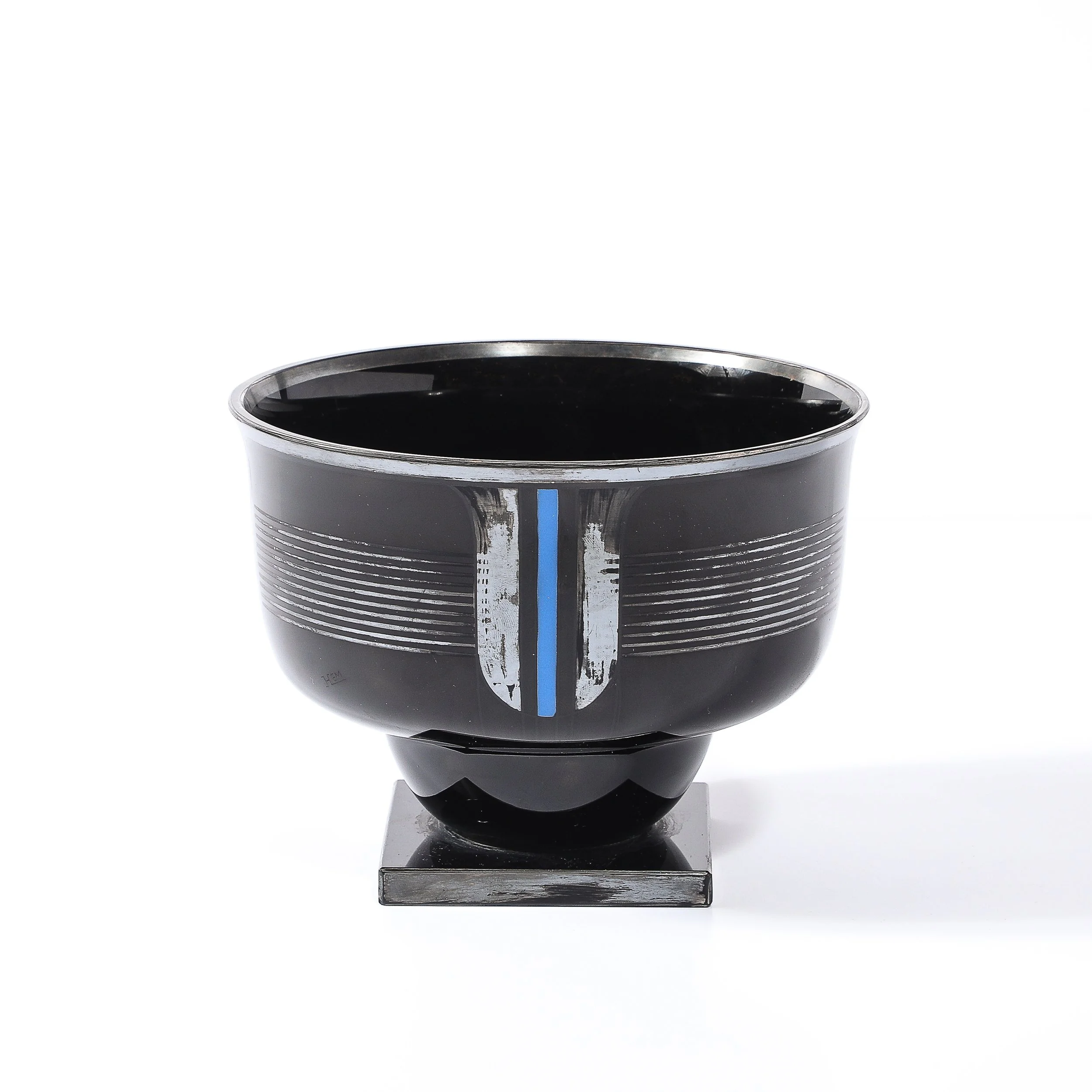 Art Deco Silvered Black Glass Linear Detailed Bowl signed HEM by Michel Herman - High Style Deco 7.jpg