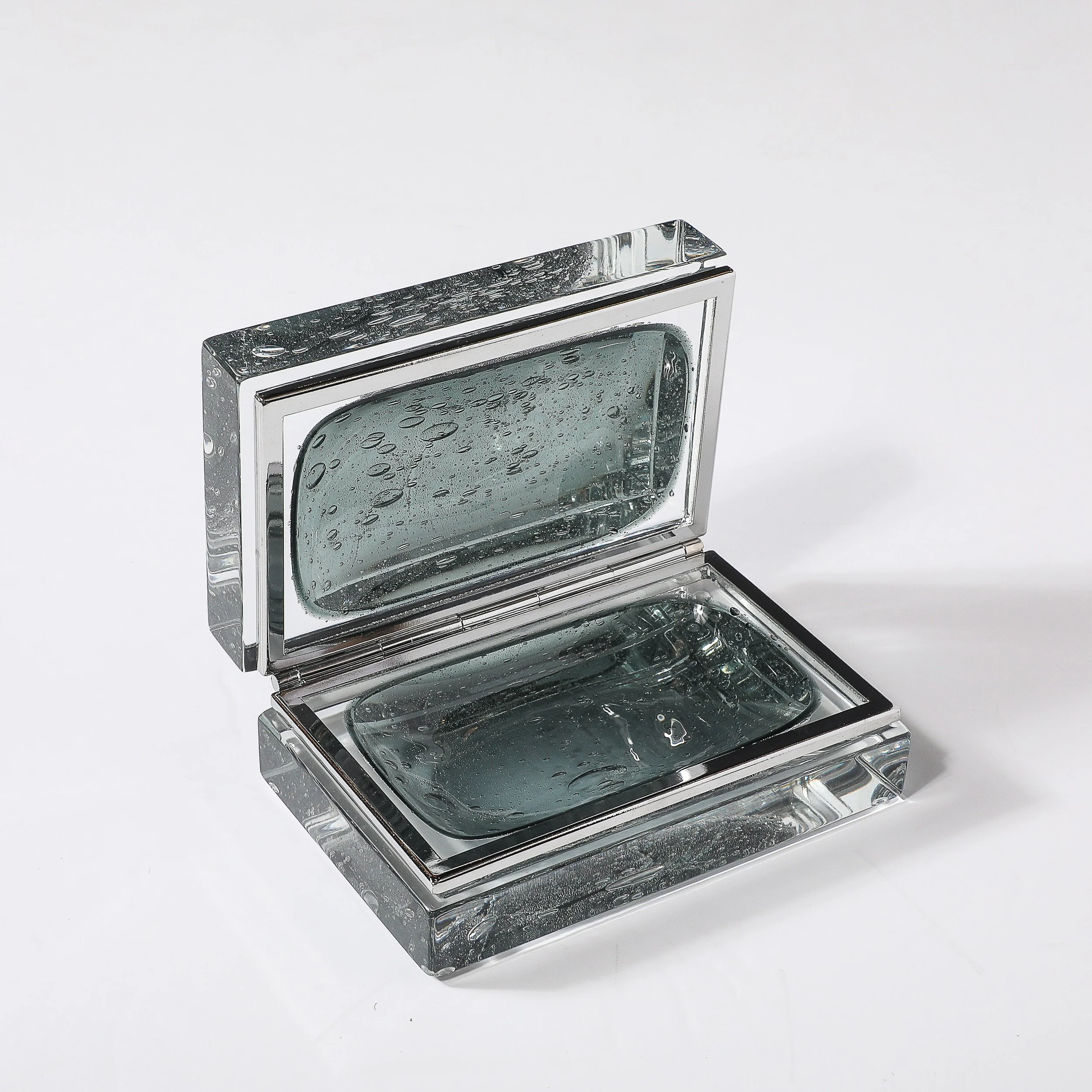 Modernist Handblown Murano Glass Box in Sage Grey W: Pulegoso Detailing & Nickel - High Style Deco 4.jpg