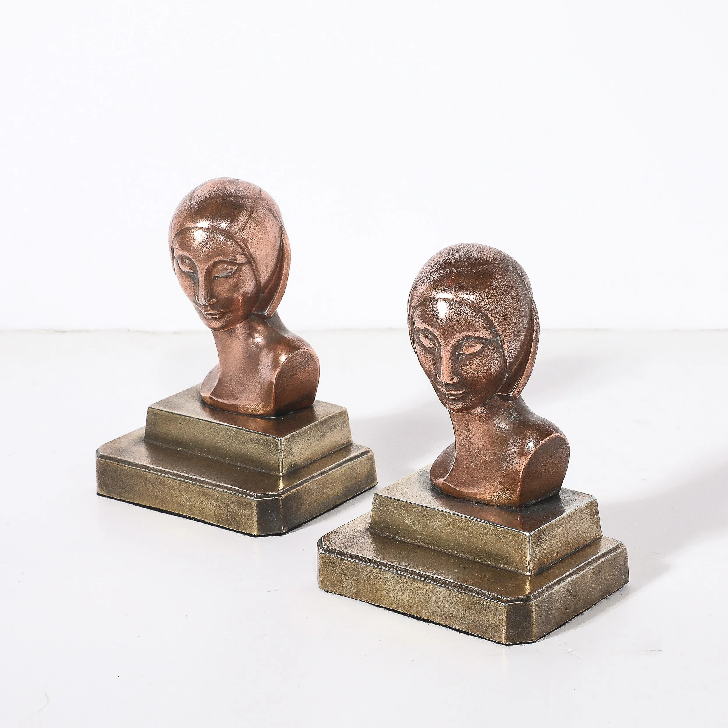 Art Deco Machine Age Lady Bookends in Copper & Antique Brass signed Frankarts - High Style Deco 3.jpg
