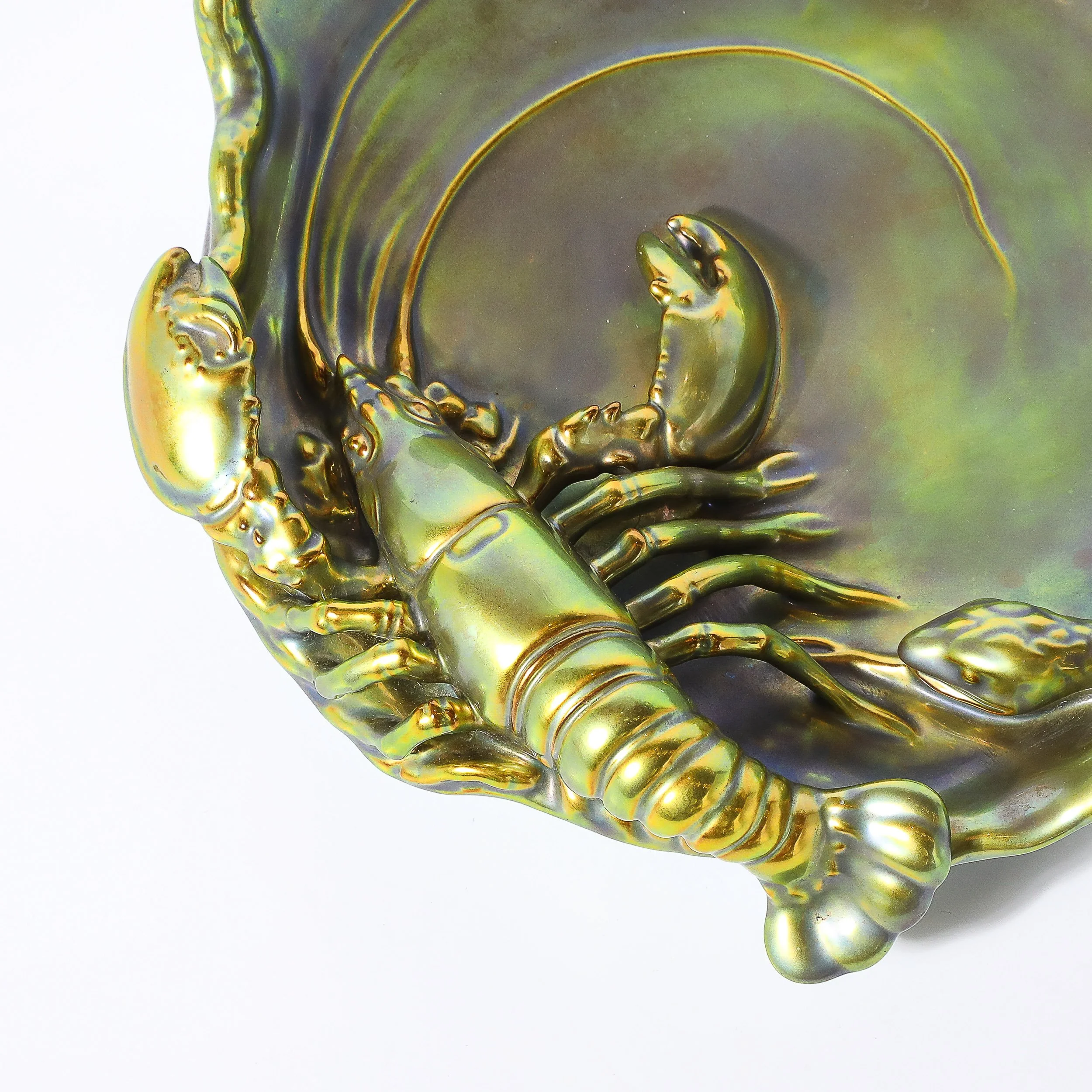 Zsolnay Hungary Eosin Iridescent Green Gold Lobster & Snake Hand Painted Dish - High Style Deco 3.jpg