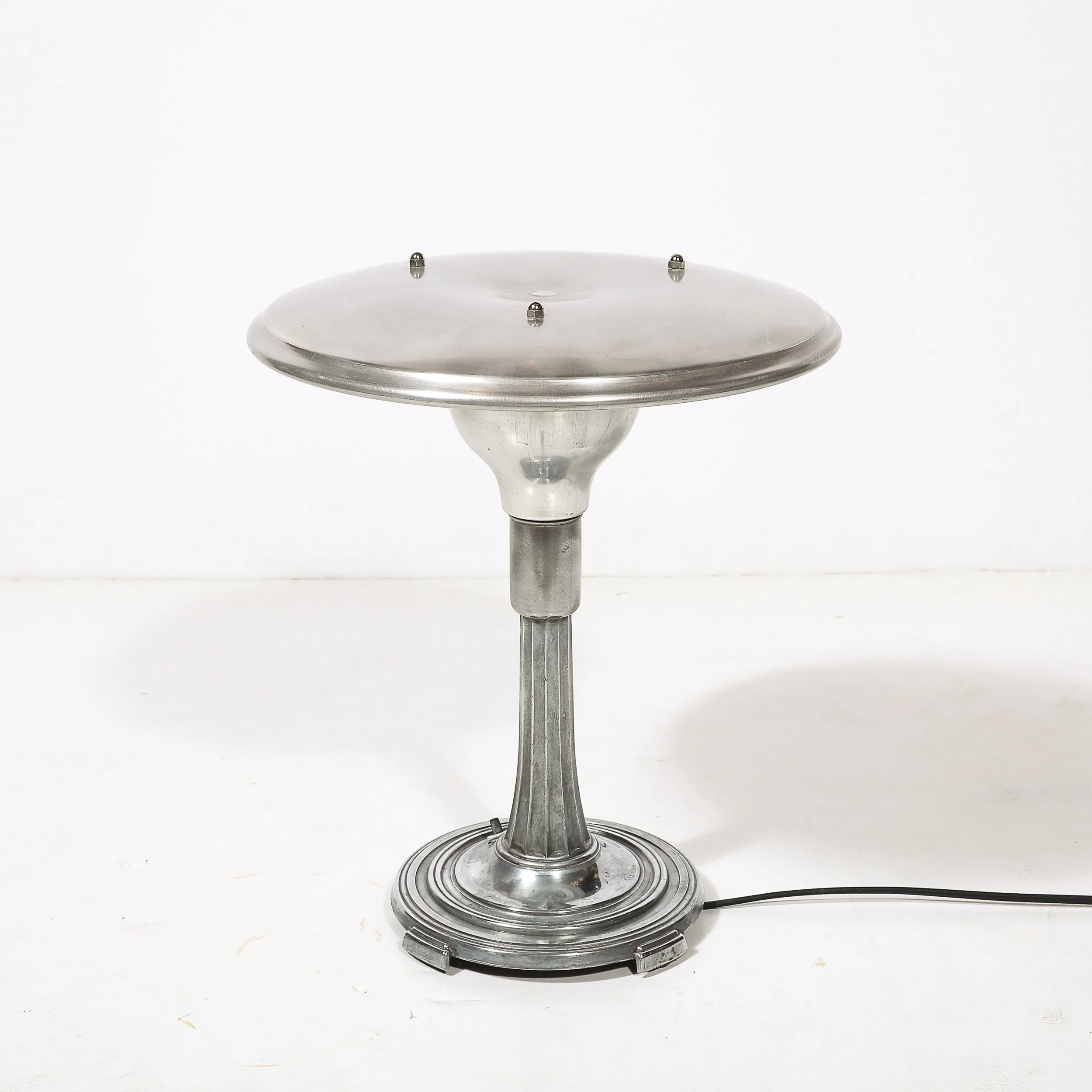 Art Deco Machine Age Saucer Form Polished Aluminum Table Lamp w: Sculptural Base - High Style Deco 7.jpg