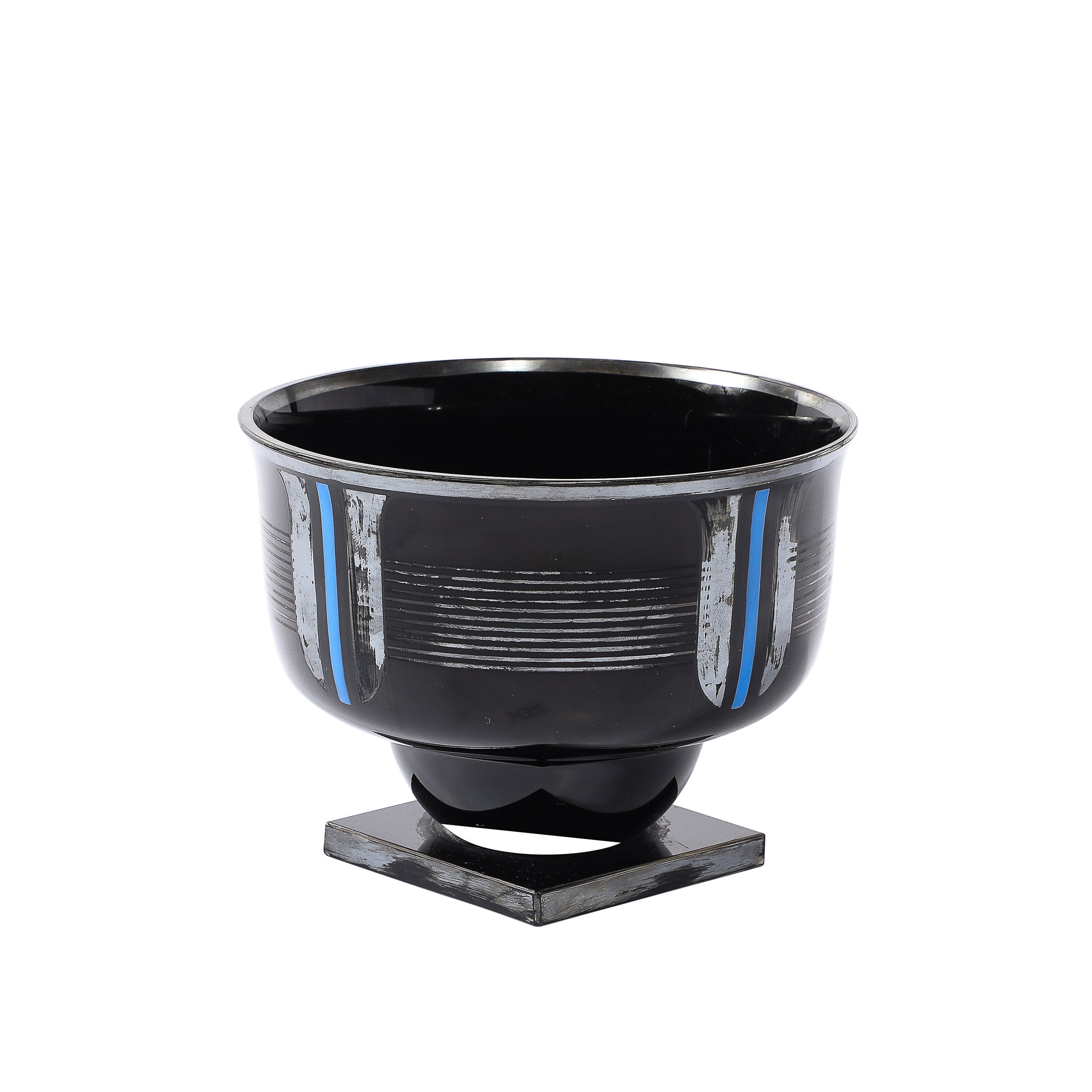 Art Deco Silvered Black Glass Linear Detailed Bowl signed HEM by Michel Herman