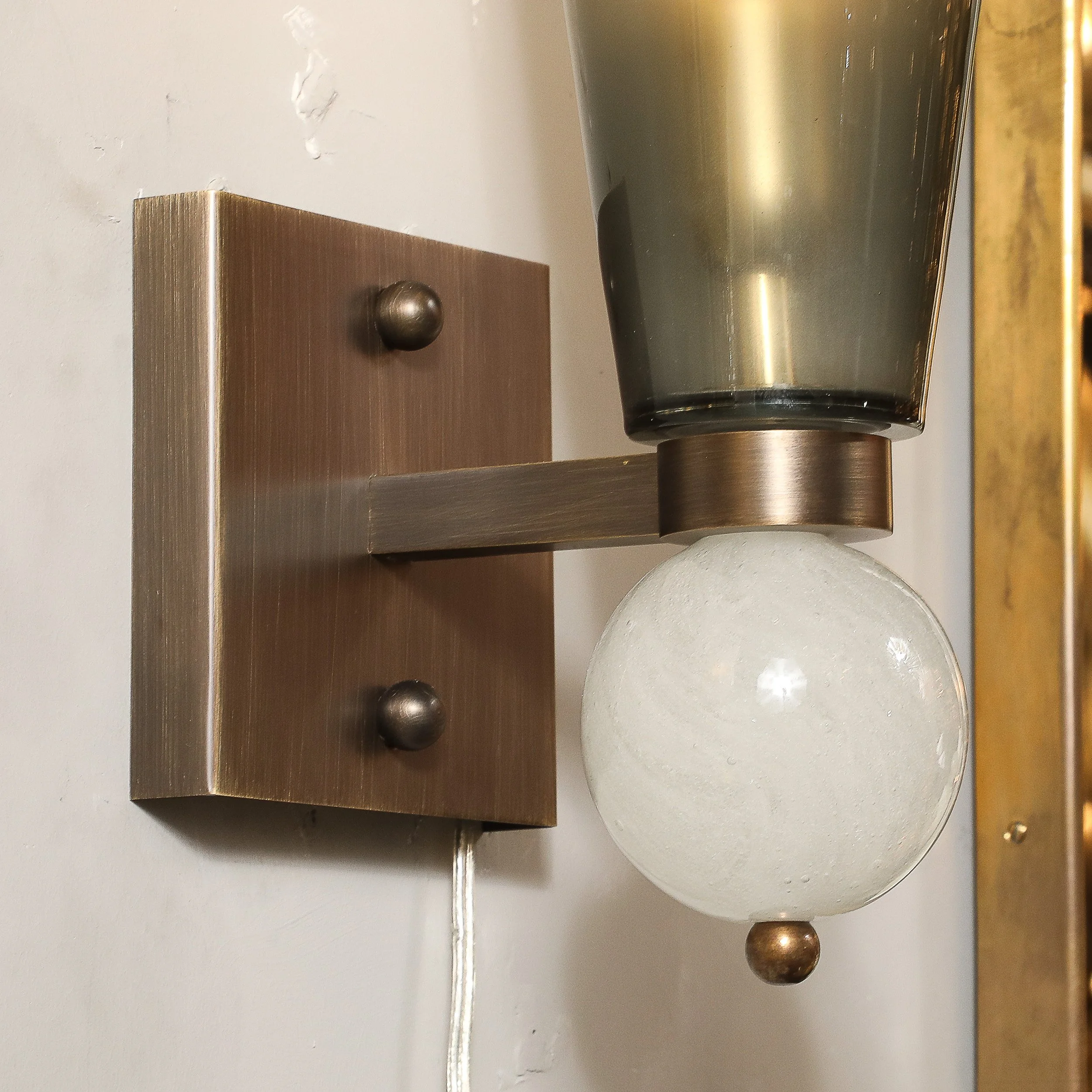 Modernist Hand-Blown Smoked Gray Murano Glass Conical Sconces with Orbital Drop - High Style Deco 14.jpg