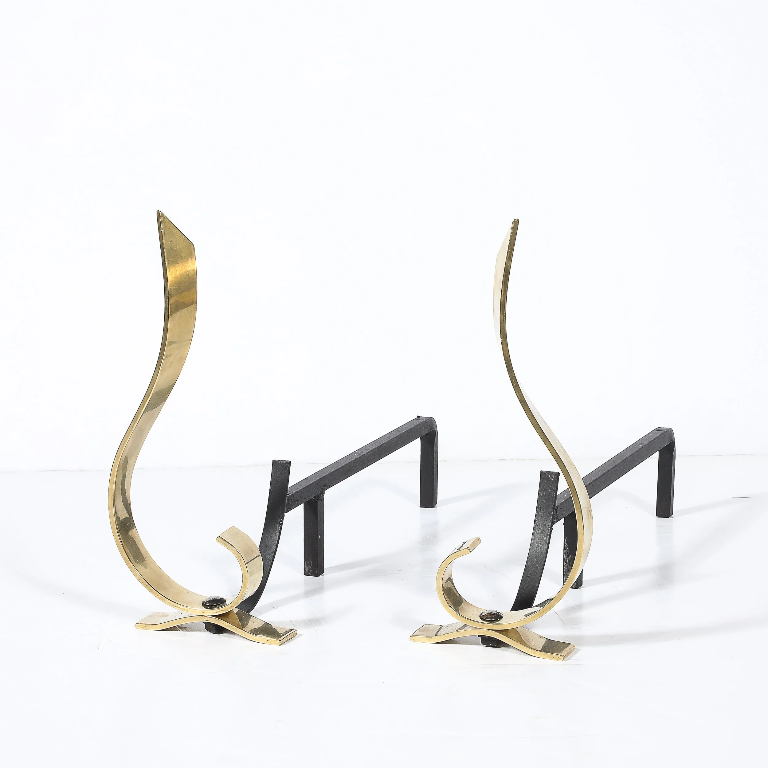 Pair of Mid-Century Curvilinear Polished Brass Andirons with Gunmetal Fittings - High Style Deco 4.jpg